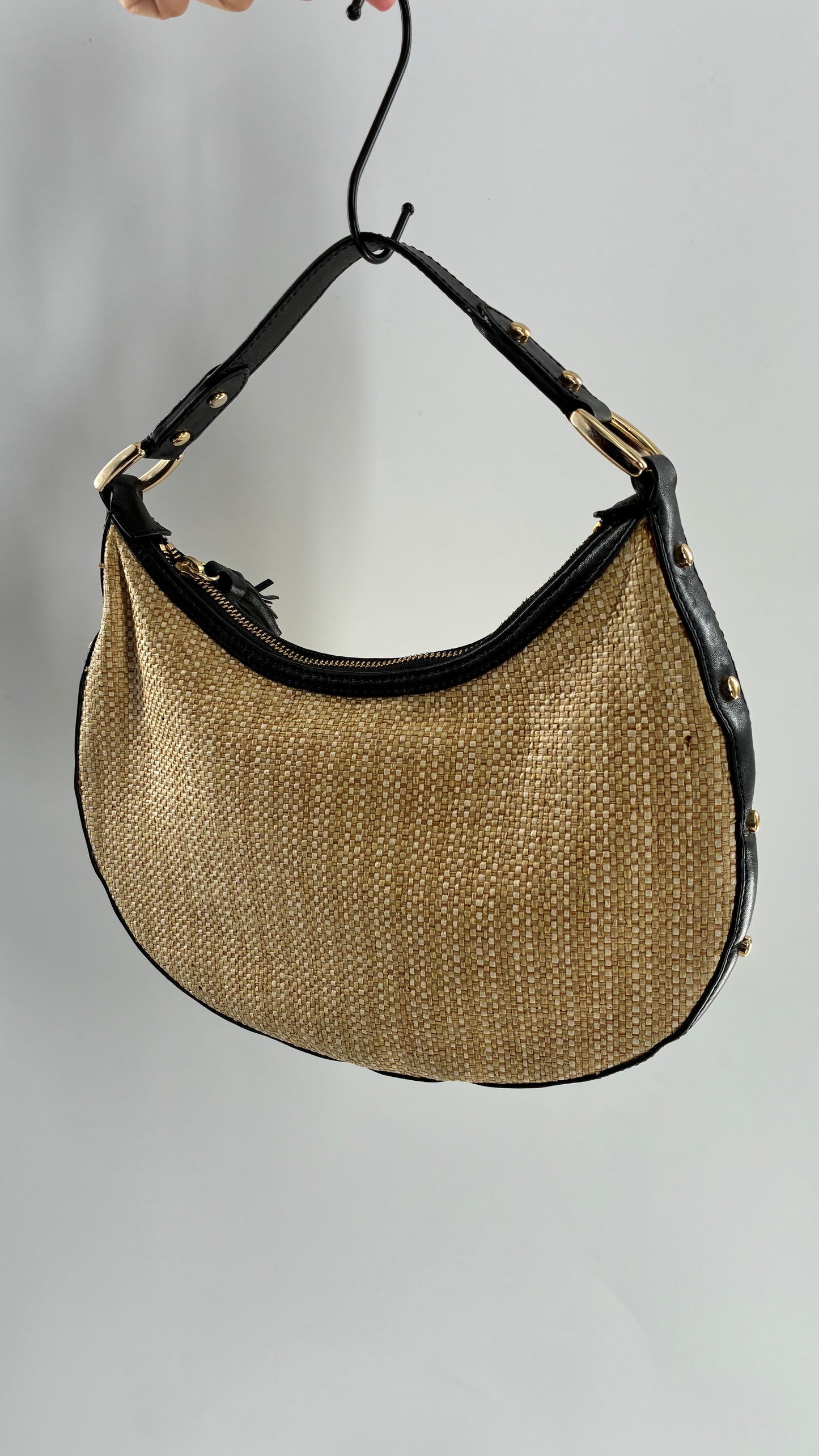 Vintage COLE HAAN Straw Shoulder Purse with Black Leather, Gold Studded Trim
