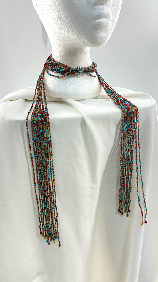 Vintage Red Blue Beaded Scarf Necklace
