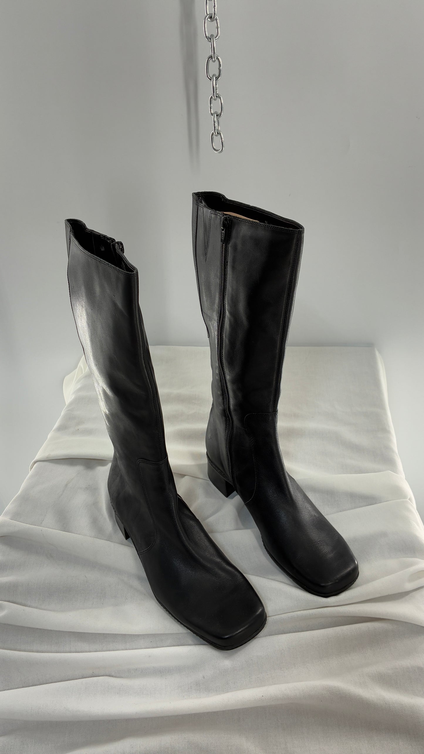 Vintage Bandolino Genuine Leather Black Square Toe Knee High Boots (9.5)