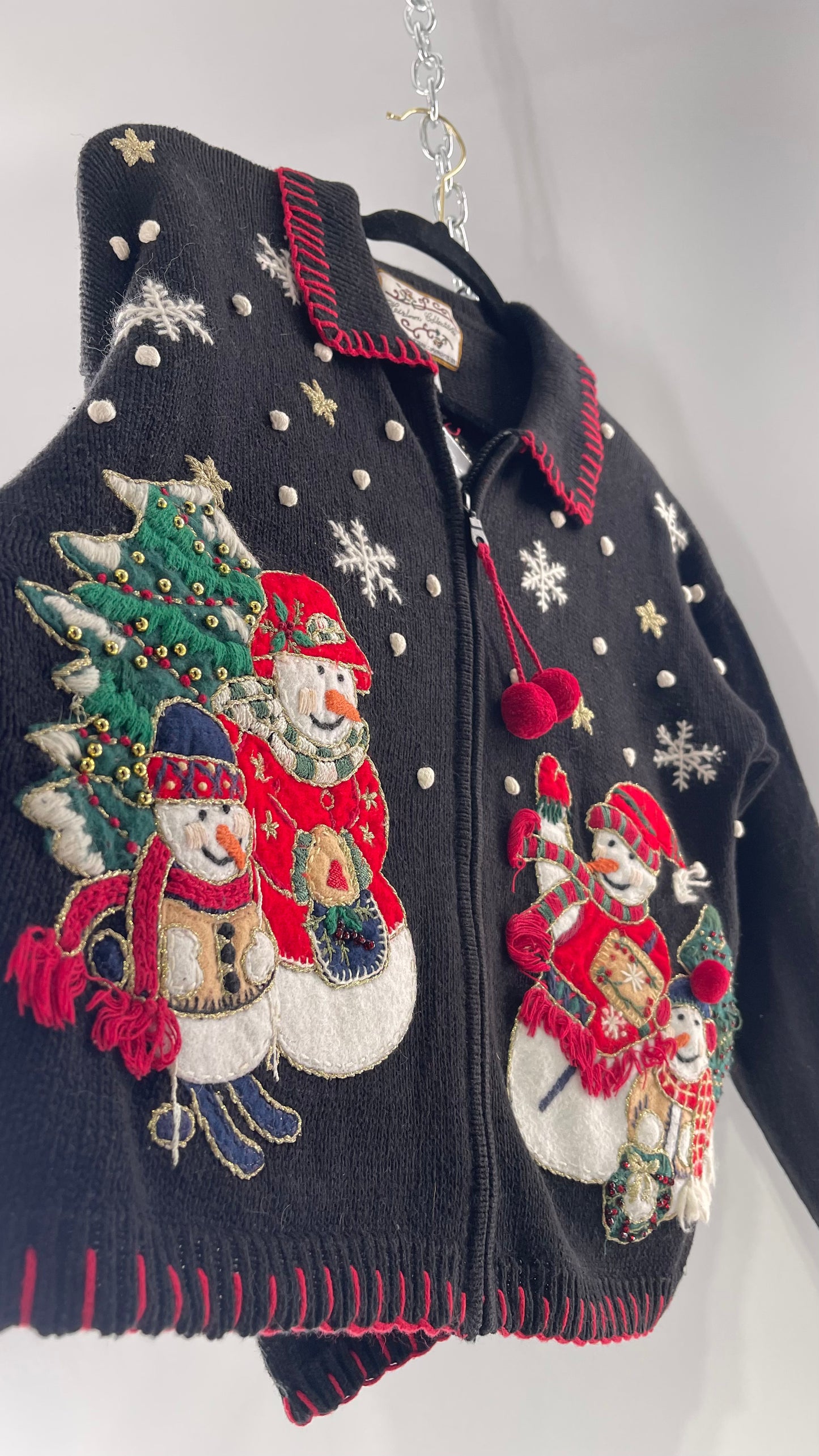 Vintage Reworked Urban Outfitters Heirloom Christmas Cardigan with Festive Snowmen Embroidery, Snowflakes, Christmas Tree and PomPom Zipper Detail  (S)