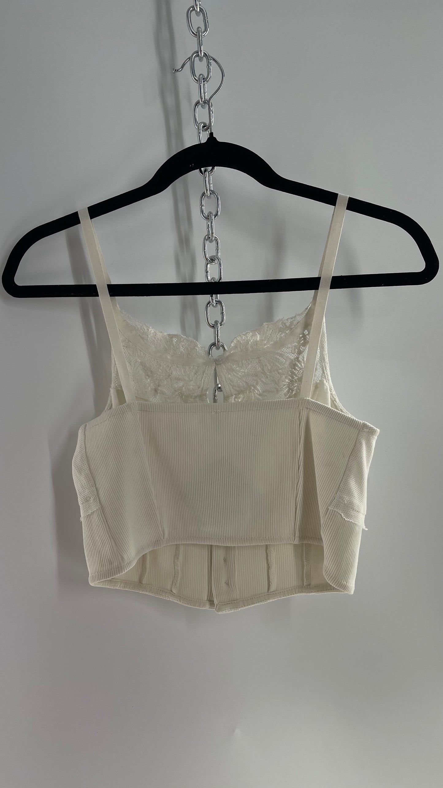 Free People White Tank with Lace Bust and High Neckline and Buttoned Bodice (S)