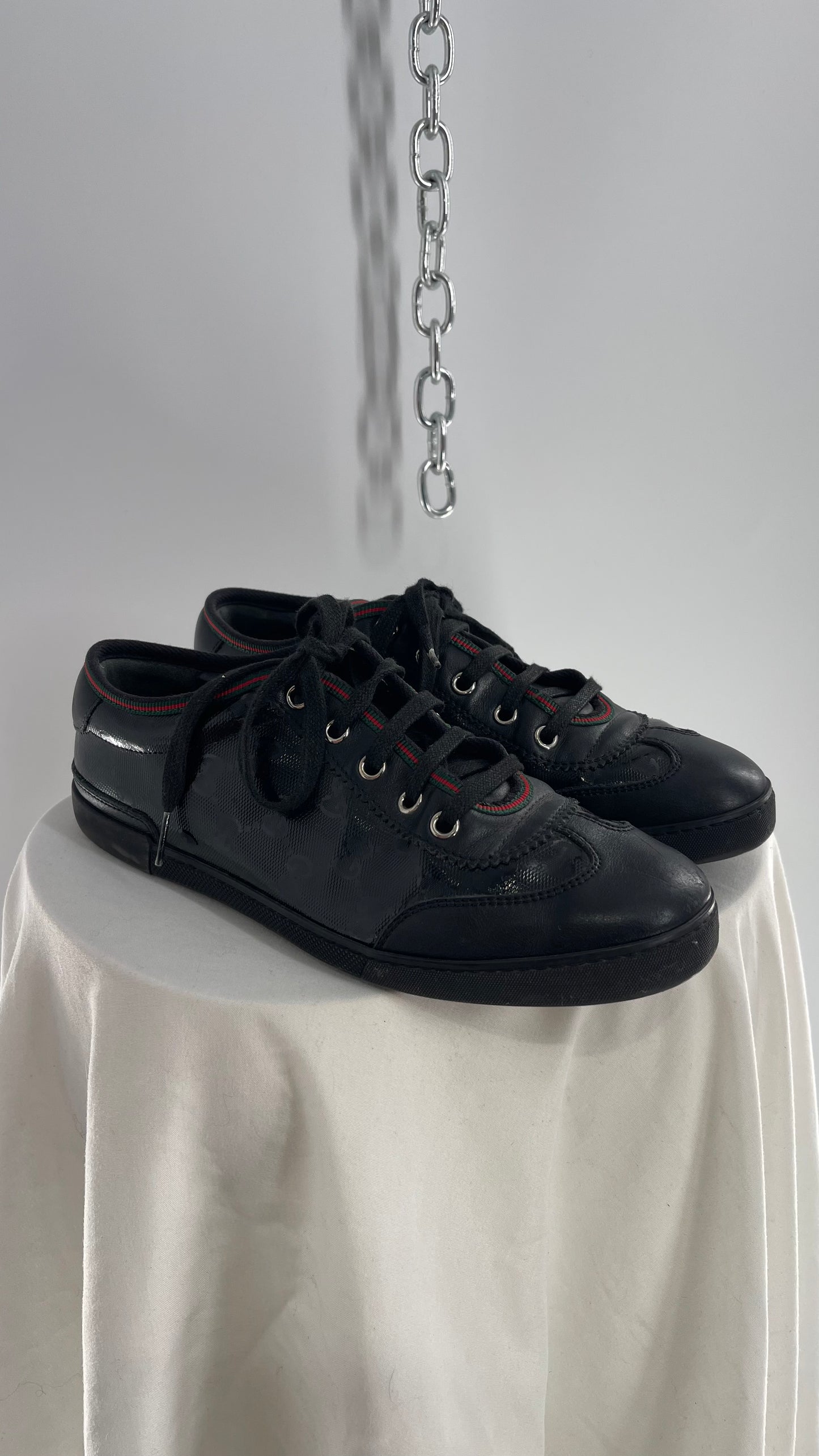 Vintage GUCCI Worn Black Leather Monogram Low Top Sneakers with Red/Green Iconic Trim (37)