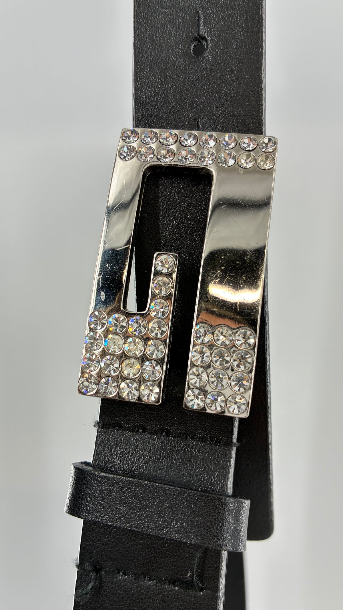 Vintage GUESS Black Leather Belt with Iconic Rhinestone Buckle (Small)