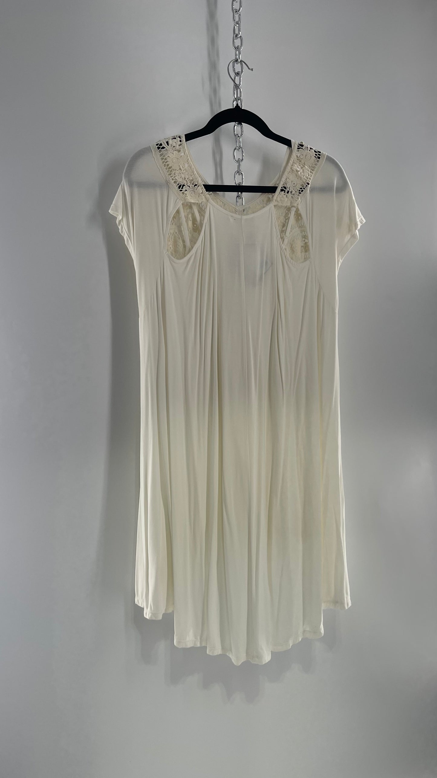 Free People Off White Voluminous Jersey Knit Dress with Lace Detailing (XS)