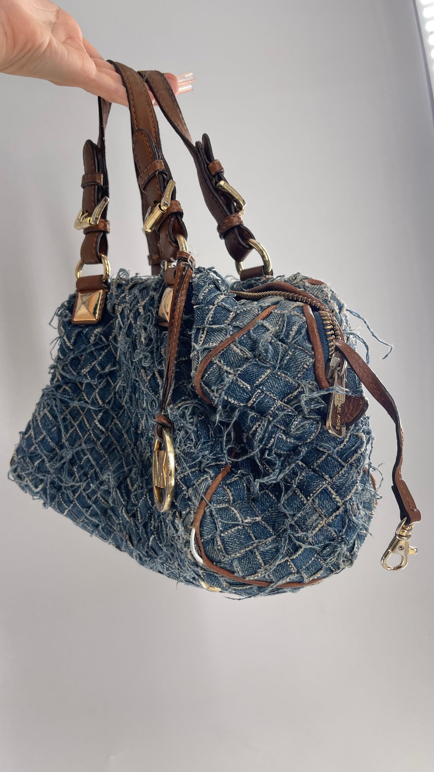 Vintage Michael Kors Woven Distressed Denim Bag with Leather Straps and Gold Hardware