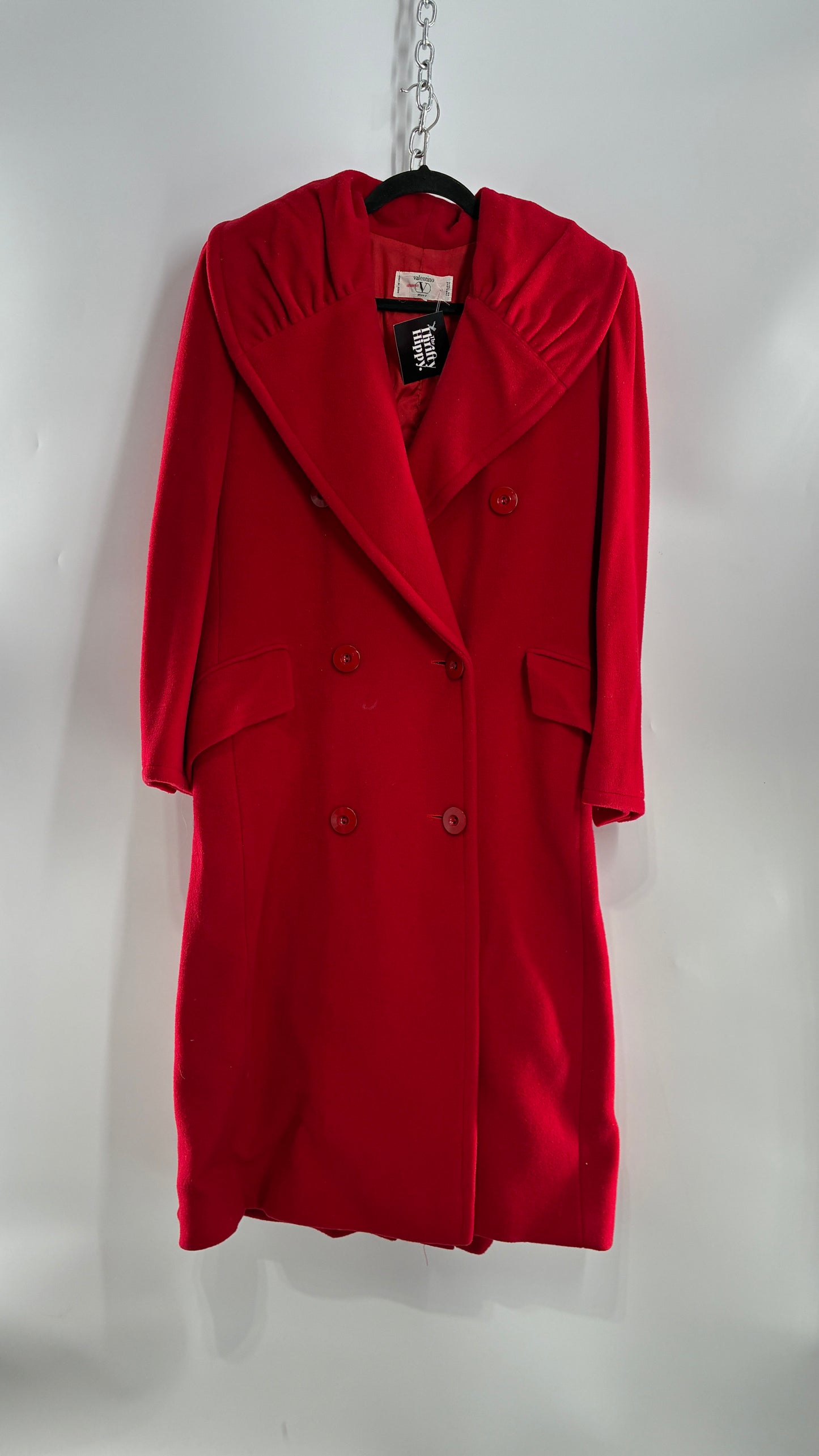 Vintage VALENTINO Miss V Red Sweeping, Tie Back and Pleated/Draped Collar Coat