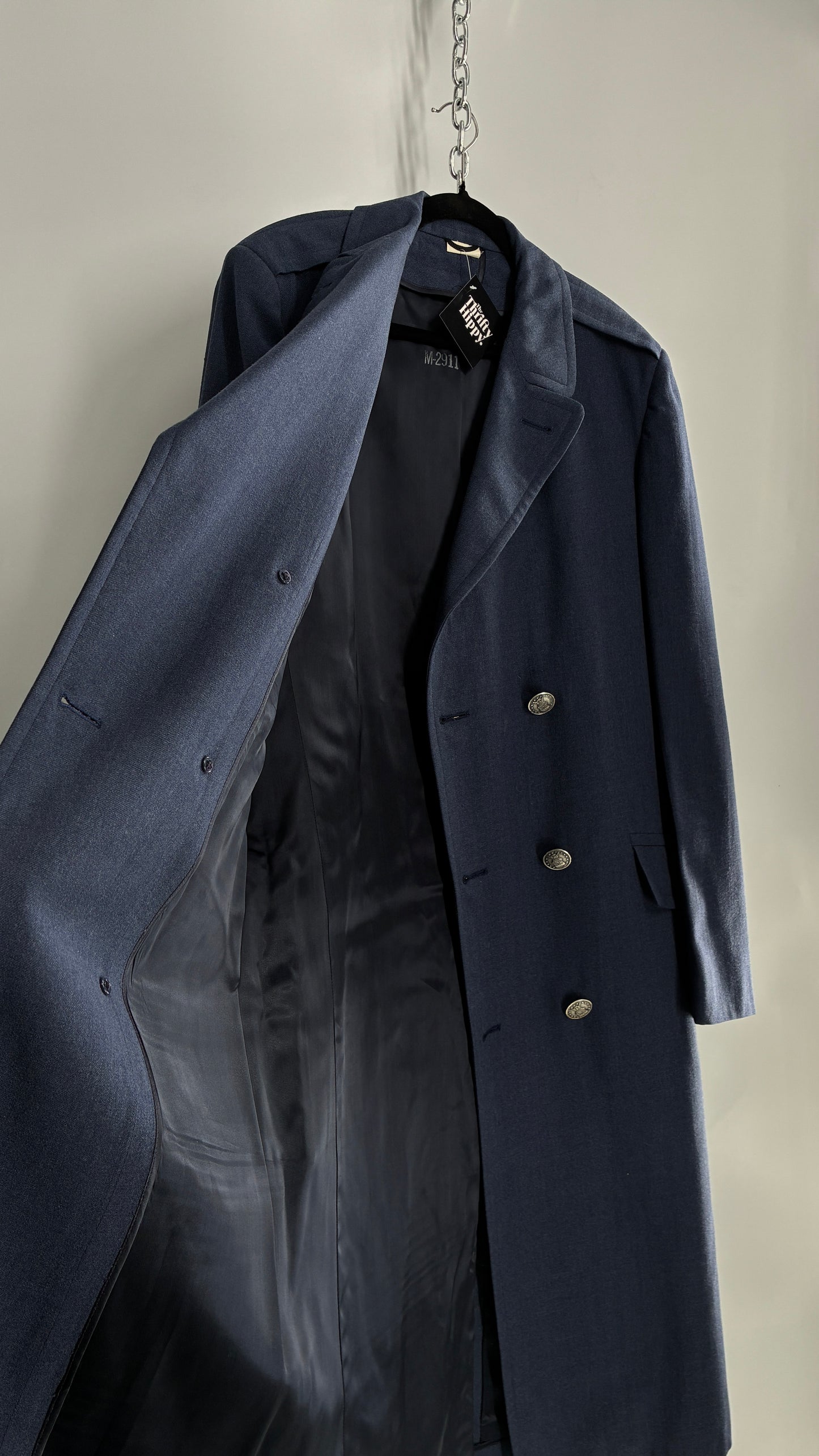 Vintage Military Style Navy Blue Woven Heavy Duty Long Coat
