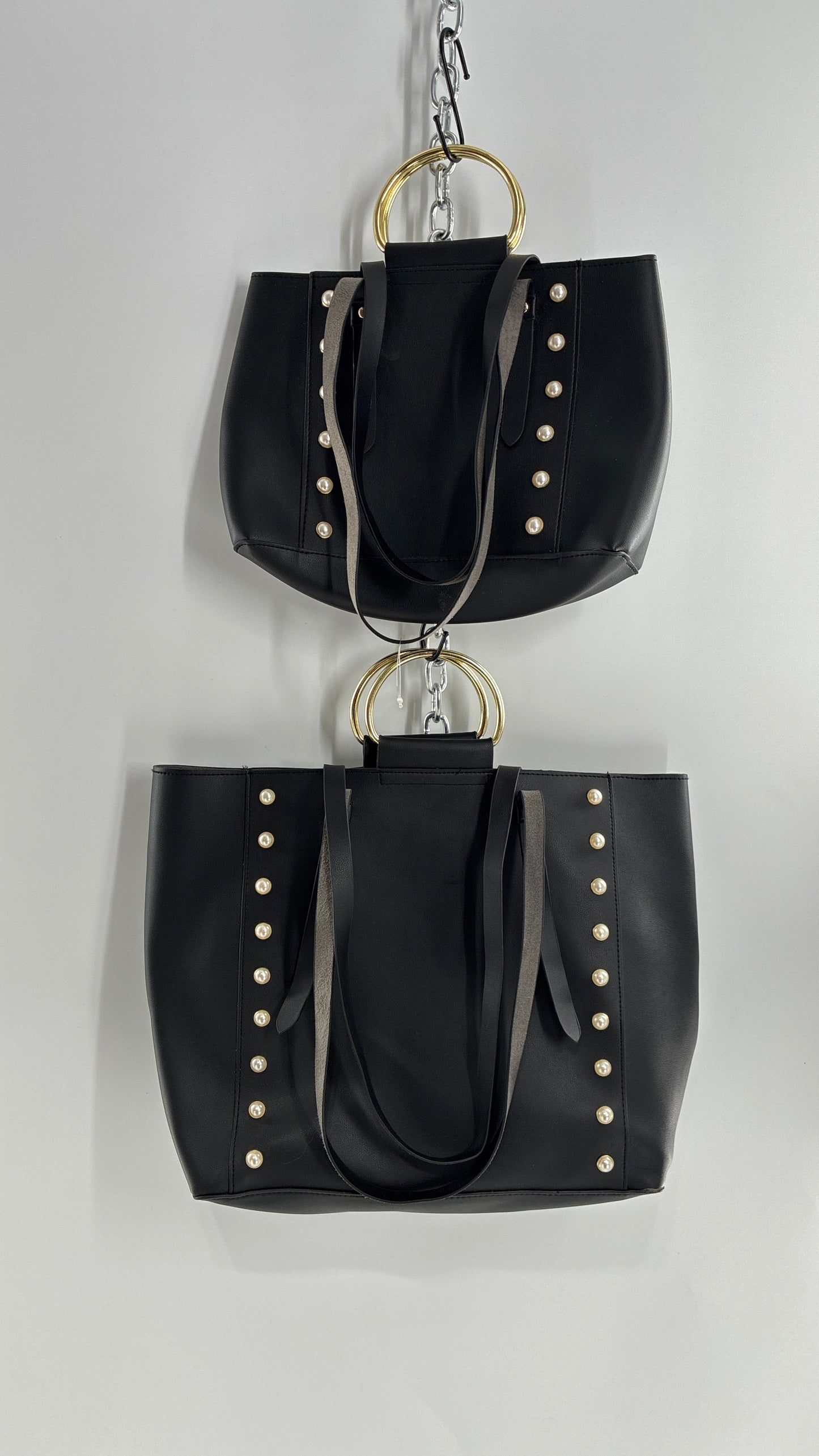 Black Vegan Leather Dual Size Purse Set with Pearl Studs