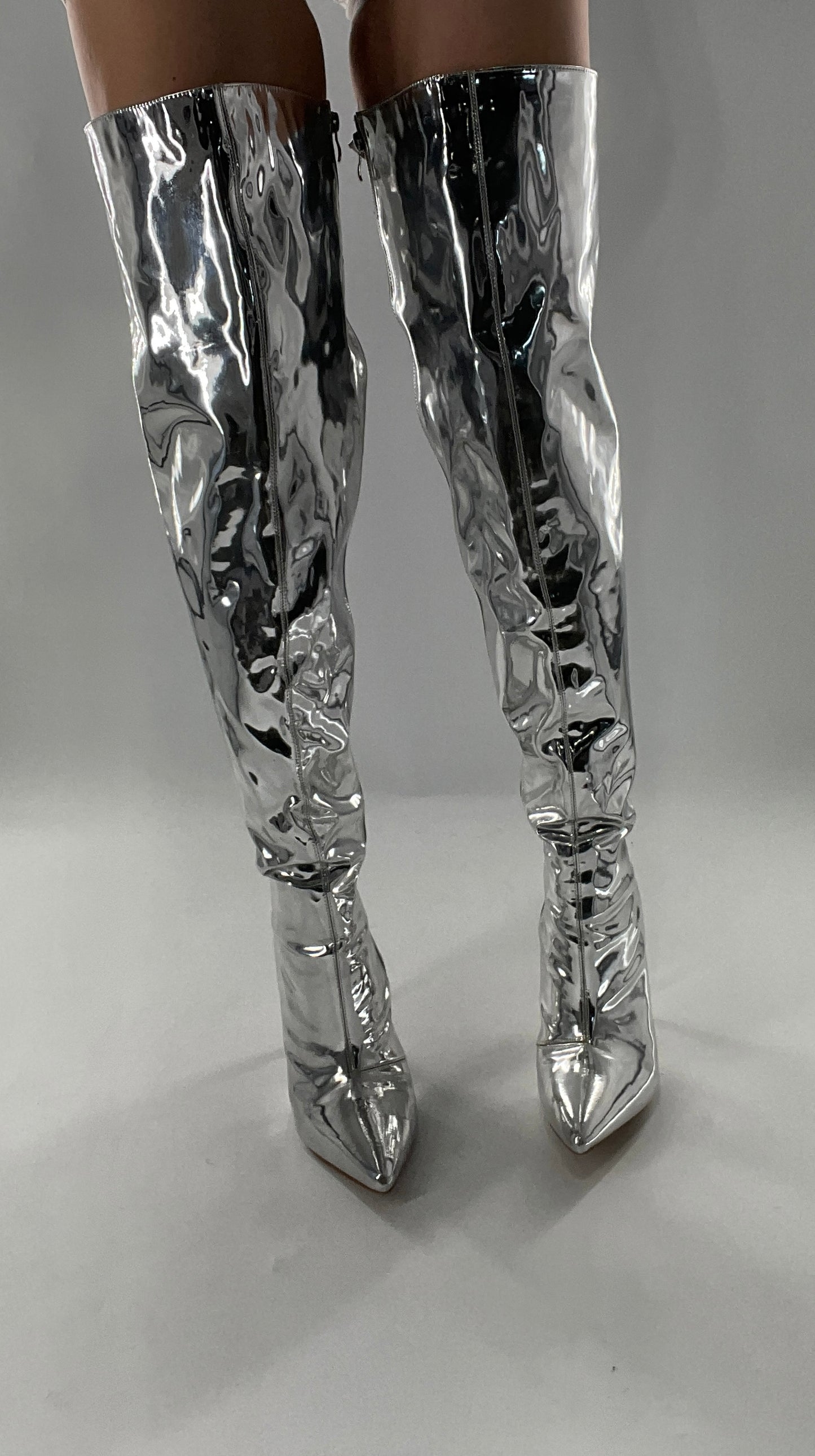 Vintage Chrome Platinum Mirrored Thigh High Molten Metal Sky High Boots Space Cadet/Concert (7)