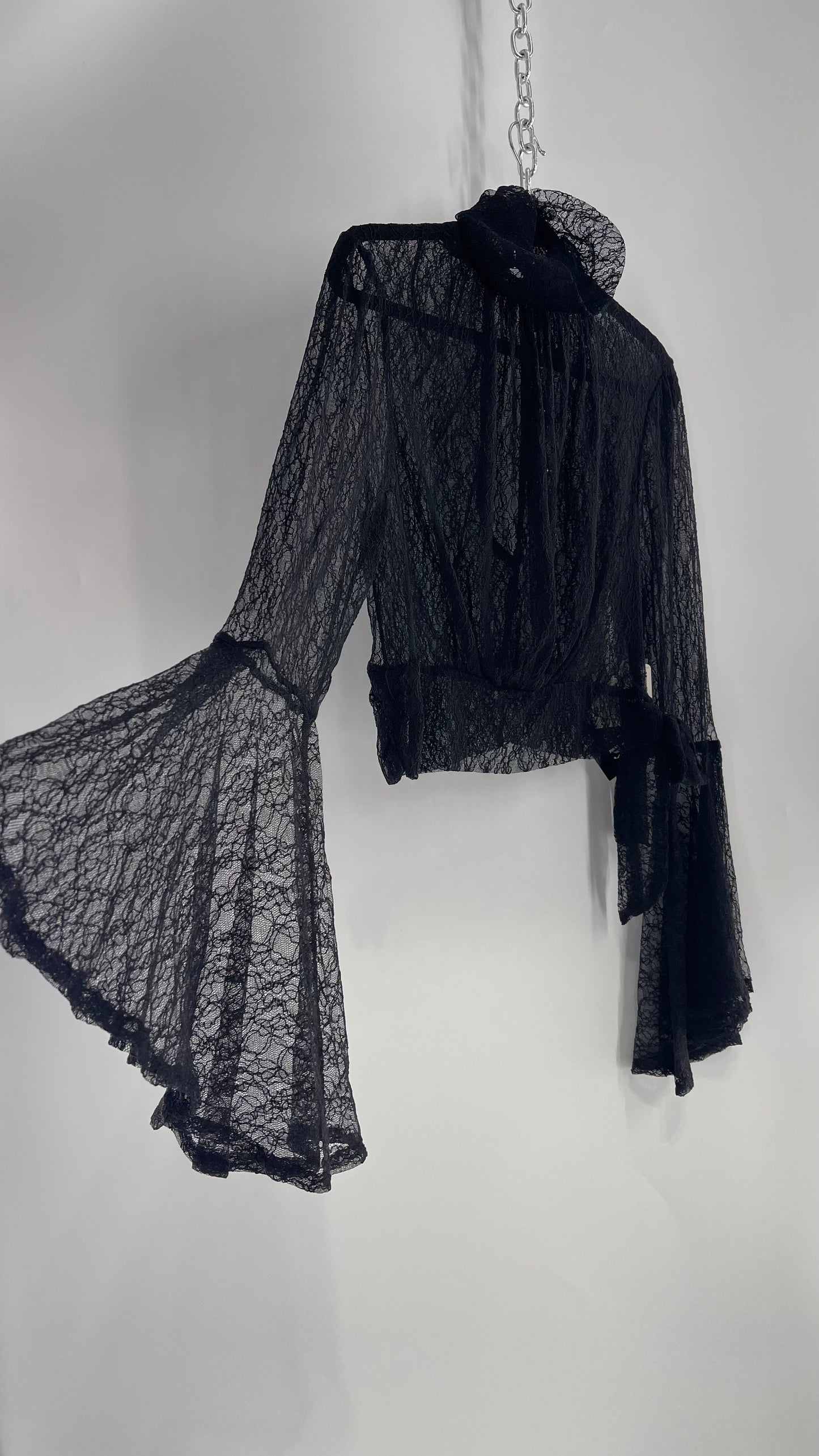 Free People Black Lace Bell Sleeve Tie Side Blouse (Medium)