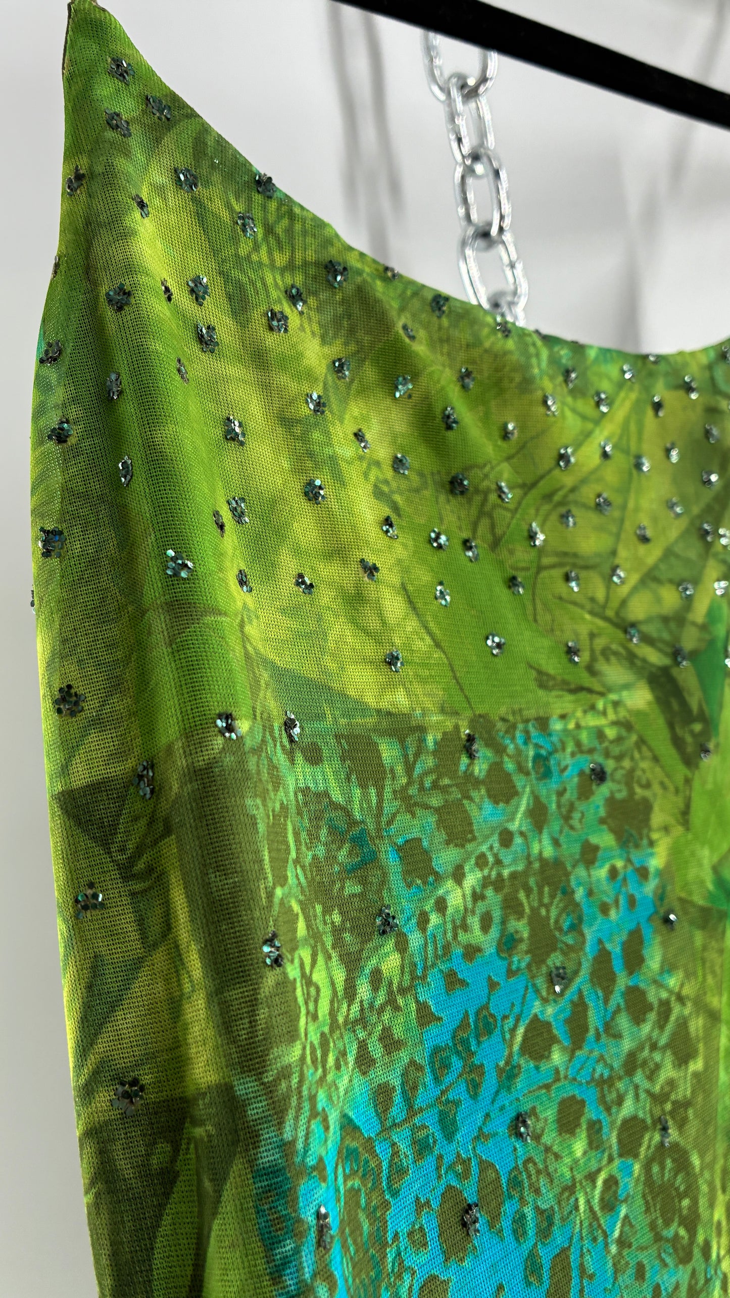 Vintage BYER TOO! CALIFORNIA Green and Blue Patchwork Patterned Midi Dress with Glitter Details and Slanted Cut (Medium)