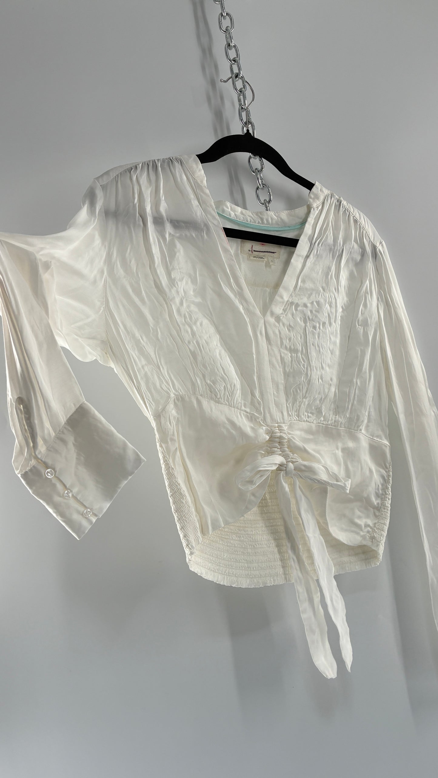 ANTHROPOLOGIE 100% Viscose White Silky Ruche Waist Blouse (Large)