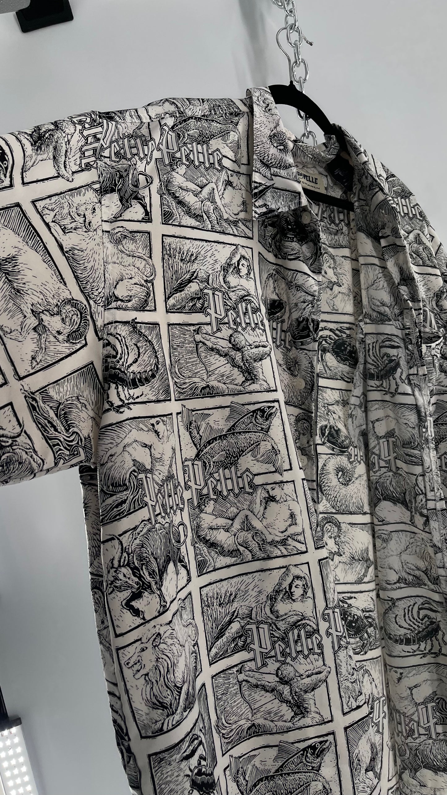 Extremely Rare Vintage PELLE PELLE Zodiac Astrology Comic Strip Graphic Long Sleeve Button Up (3X)