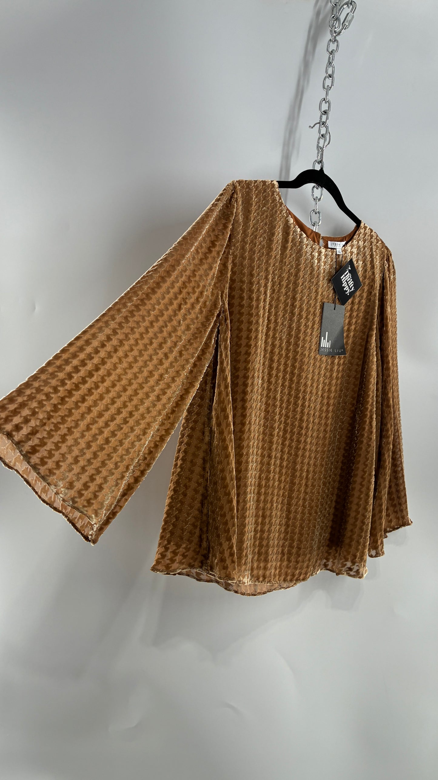 JESSIE LIU Lainey Bell Sleeve Burn Out Effect Silk Blouse (XL)