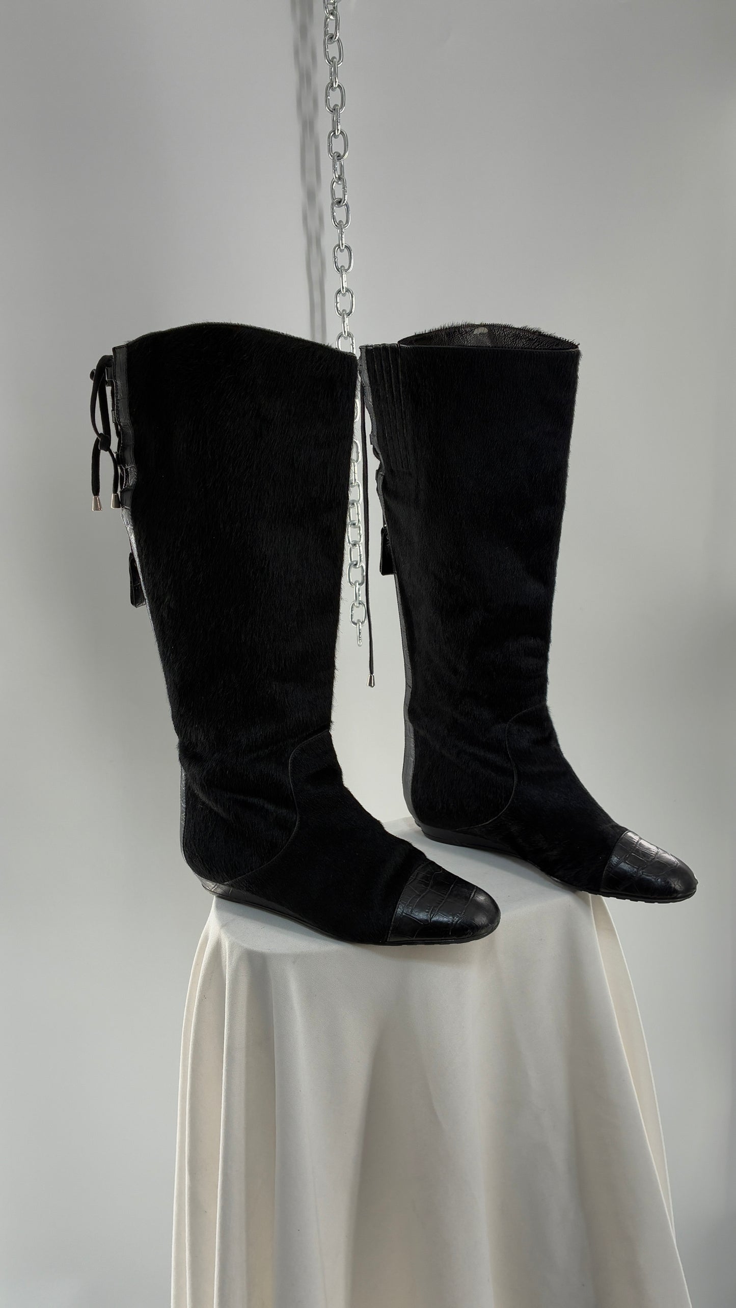 Vintage MIGLIORINI Black Genuine Calf Hair/Fur Boots with Heel, Made in Italy (7.5)