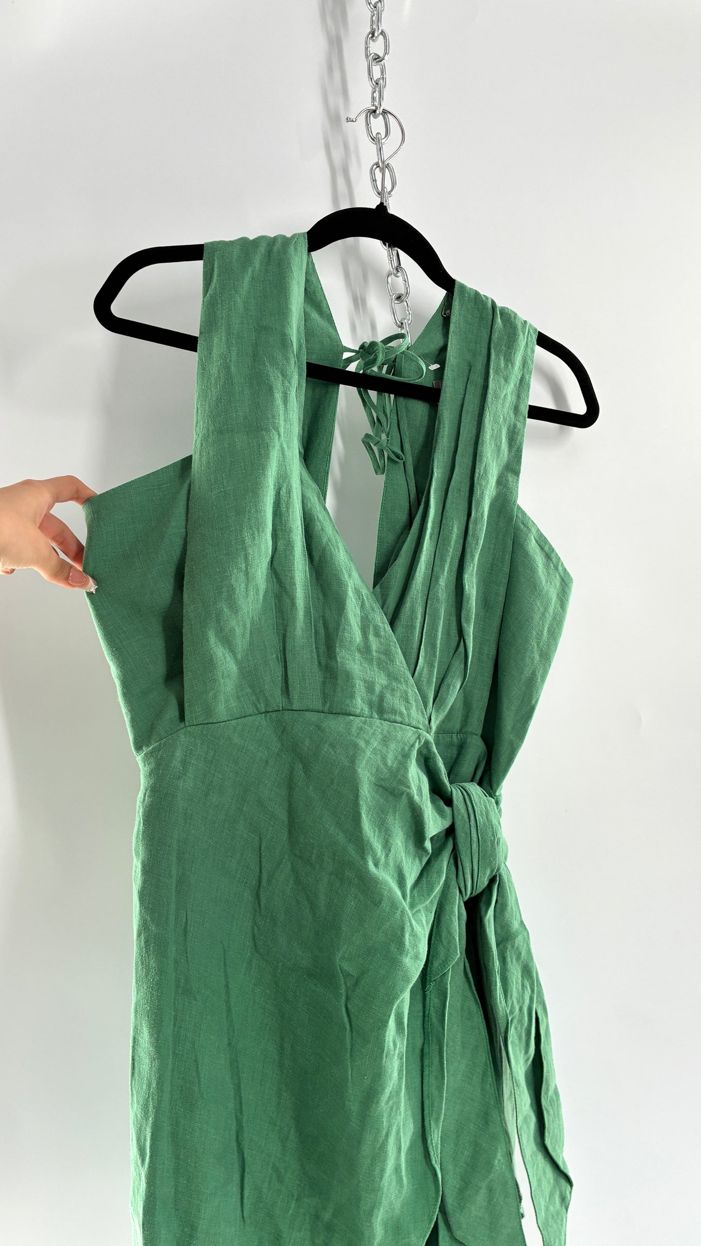 Pink Filosofy Masaru 100% Lino/Linen Green Tie Side Dress (Small)