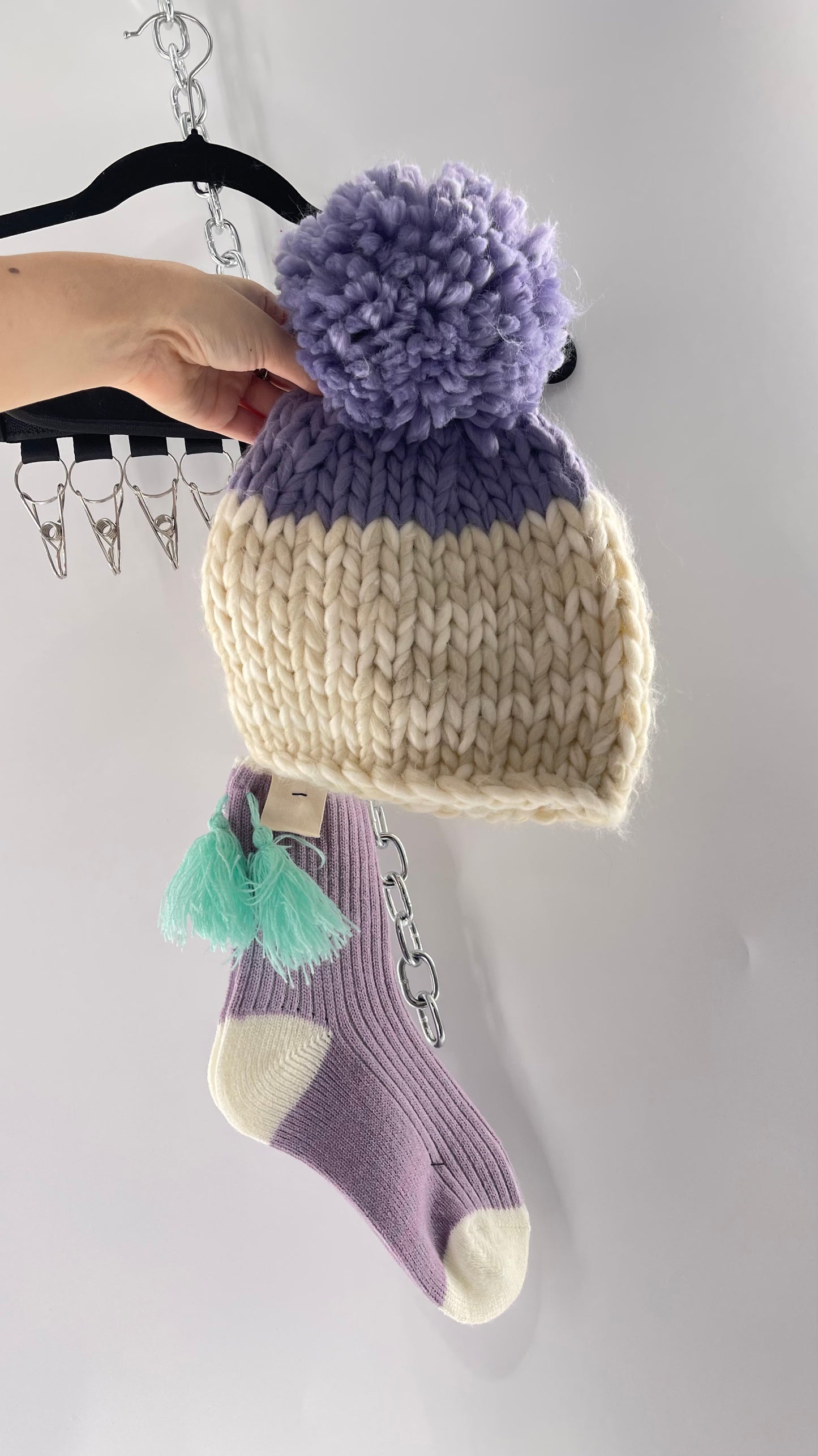 Free People Lavender Purple and White Knit Beanie and Sock Set