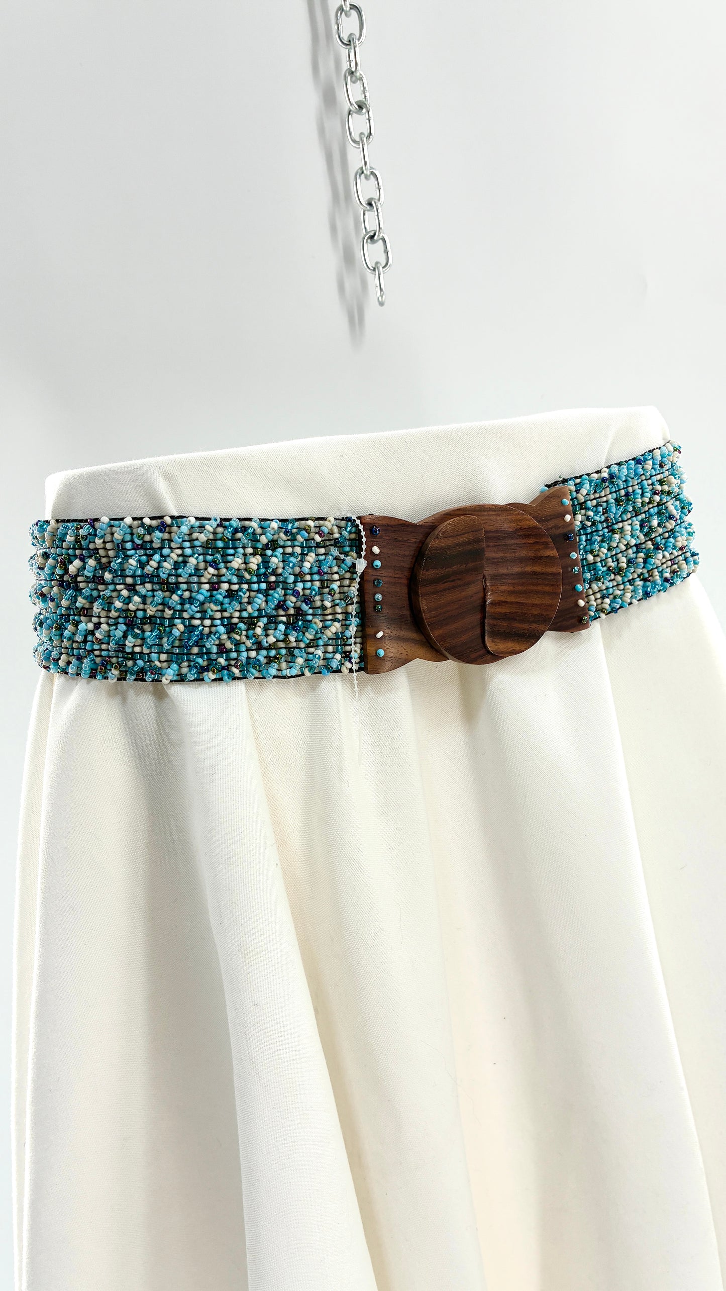 Vintage Wide Blue Beaded Hip Belt with Chunky Wooden Buckle