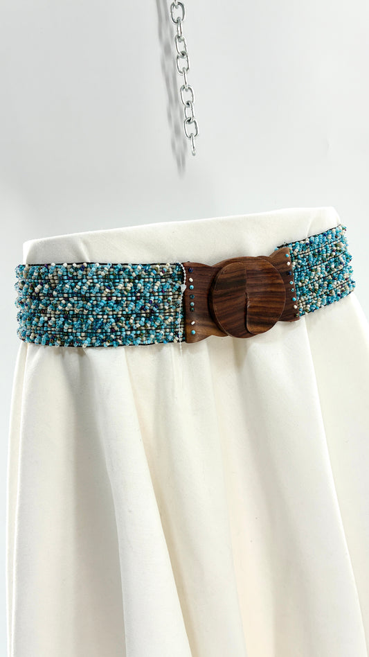 Vintage Wide Blue Beaded Hip Belt with Chunky Wooden Buckle