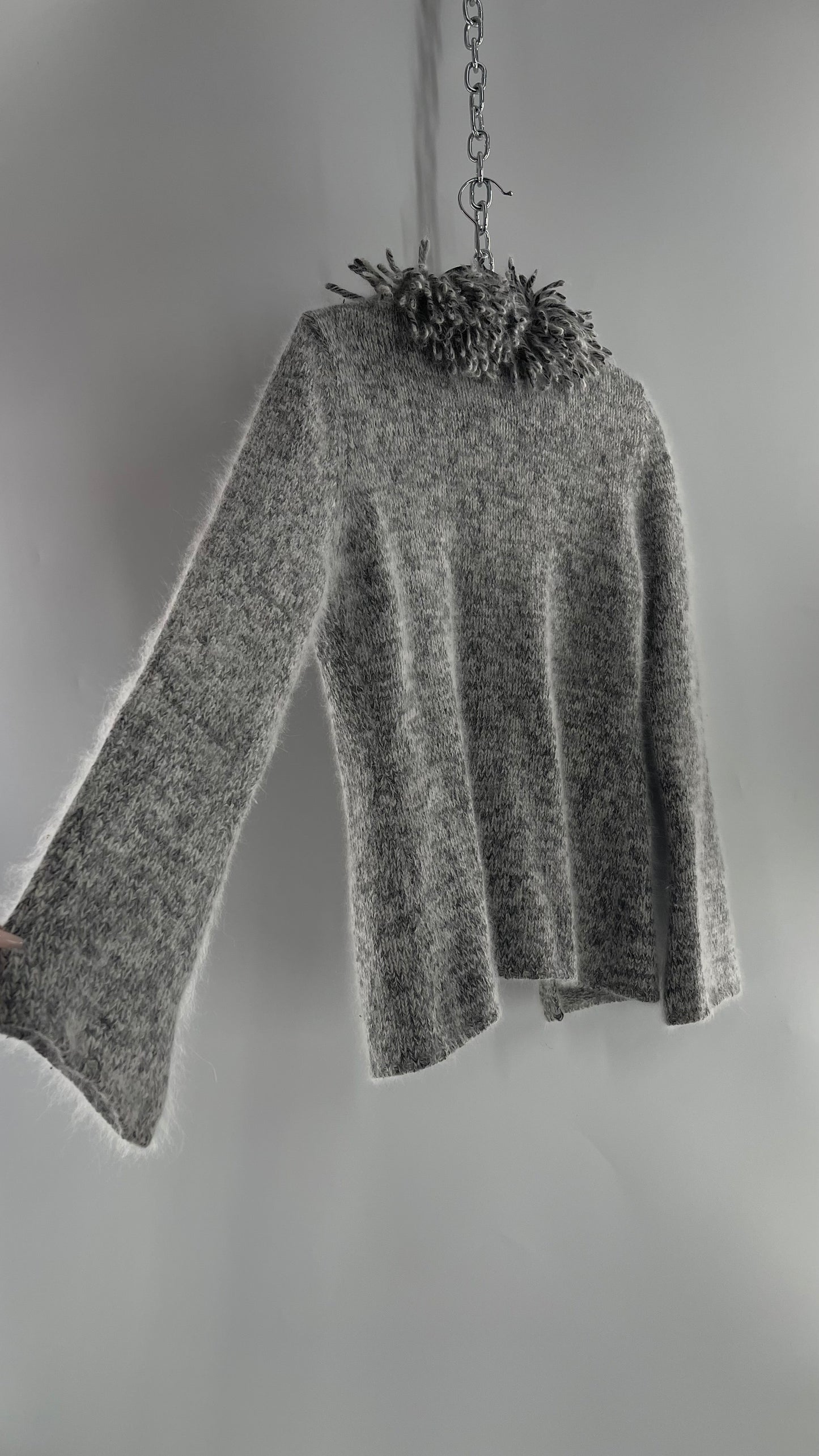 IJJCID Vintage Grey Soft Cardigan with Shaggy Collar 38% Rabbit Angora 5% Lamb Wool (Medium)