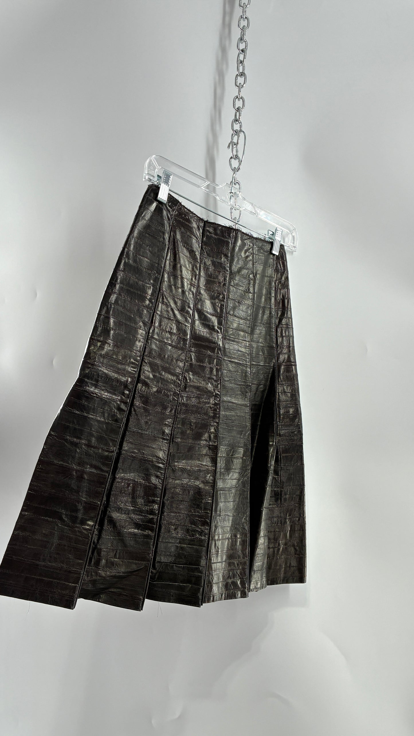 Vintage Handmade Pleated Dark Brown Genuine Leather Patchwork Skirt (XS)