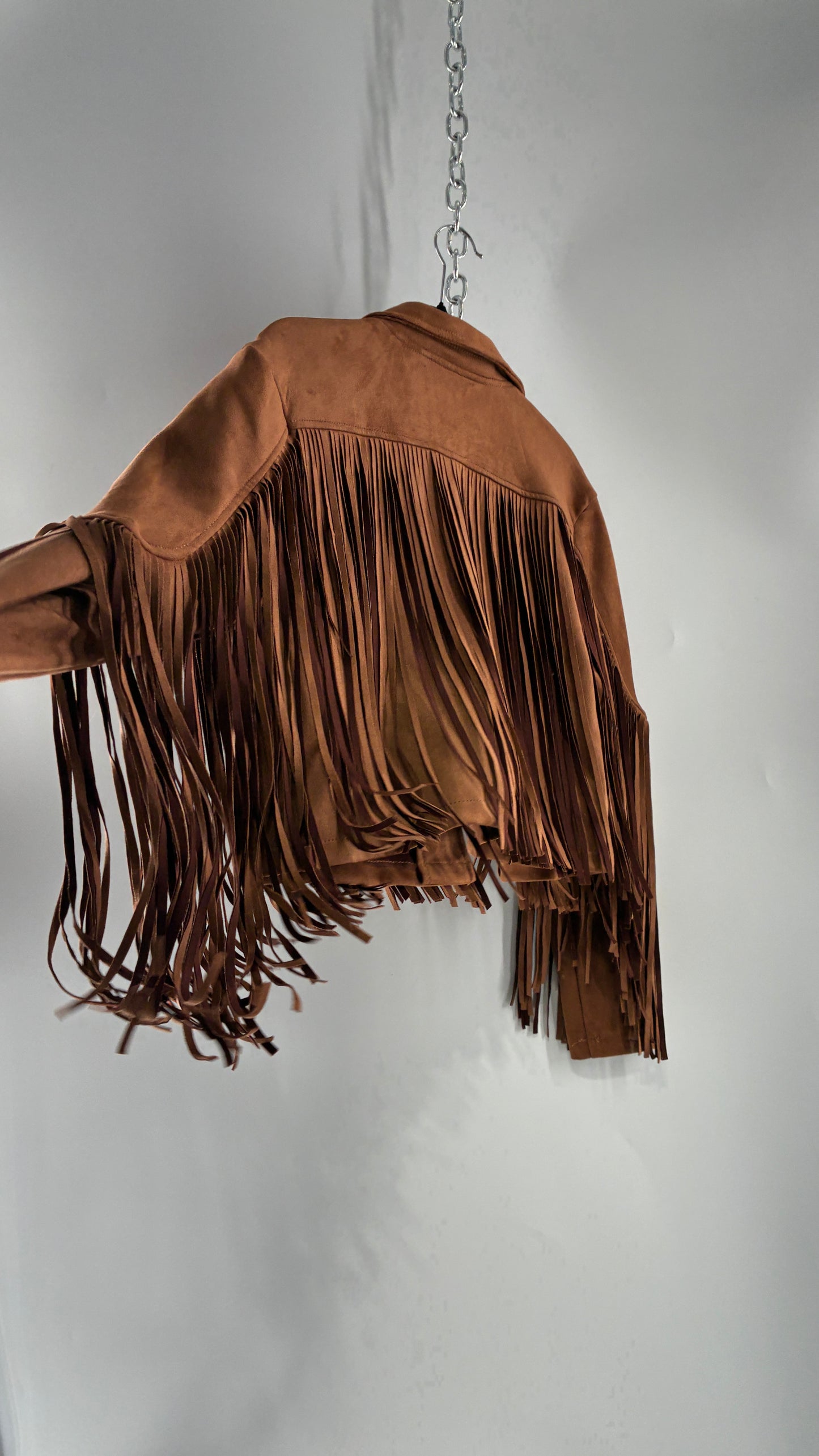 SINCERELY JULES Brown Vegan Suede Cropped Fringe Jacket (Medium)