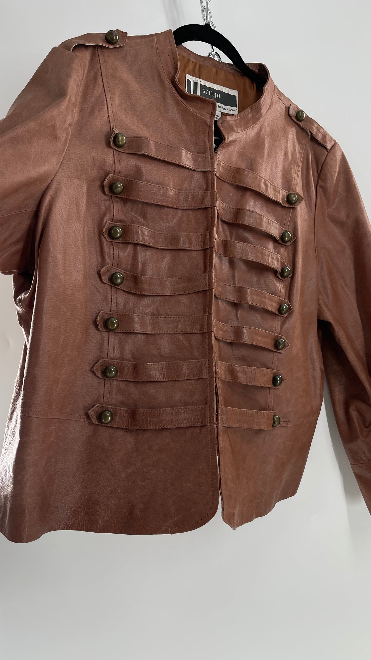 Vintage JL Studio Brown Leather Double Breasted Steampunk Military Drummer Jacket with Brass Toned Buttons (24W)