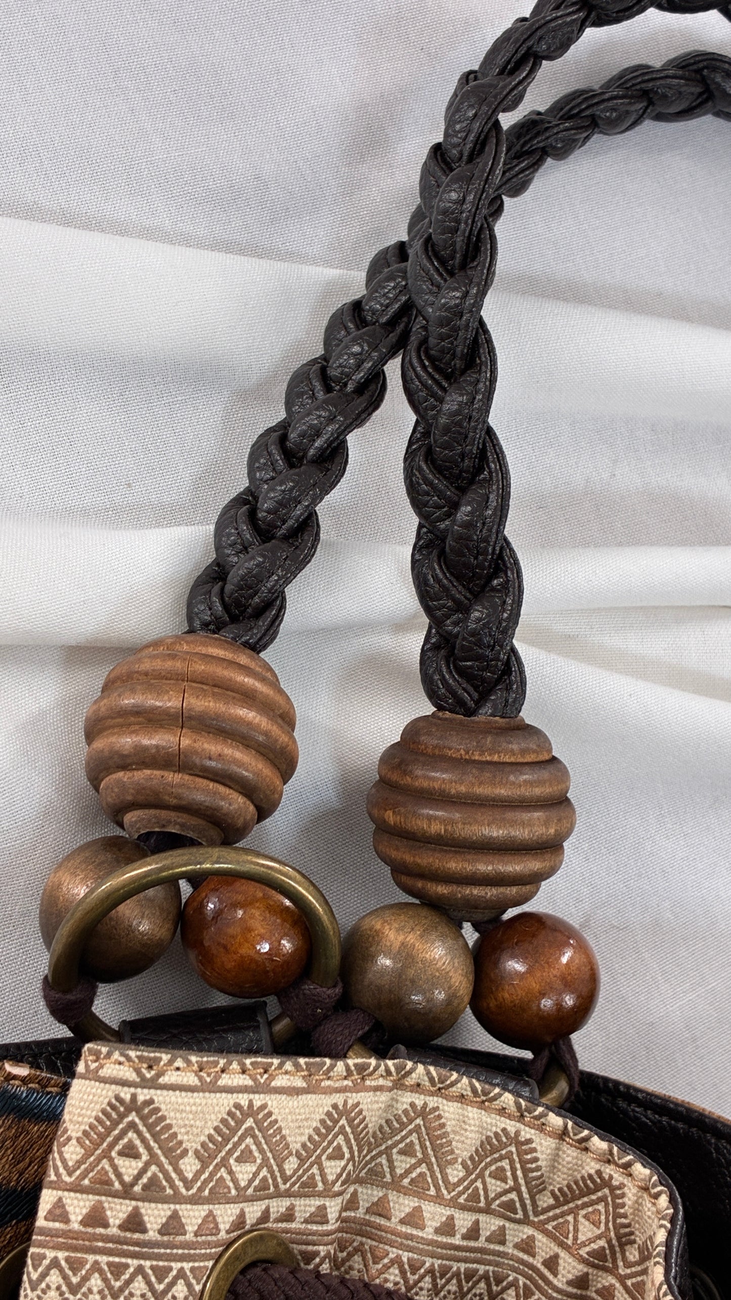 Vintage Oversized Animal Print Slouchy Bag with Braided Leather Strap and Beaded Details