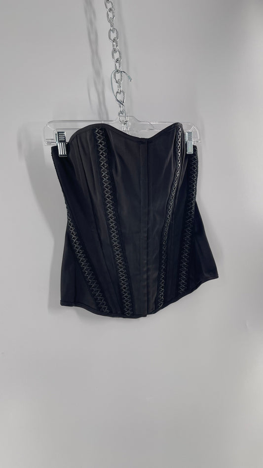 Vintage Charlotte Russe Black Boned Corset with Criss Cross Leather Details and Lace Up Back (Large)