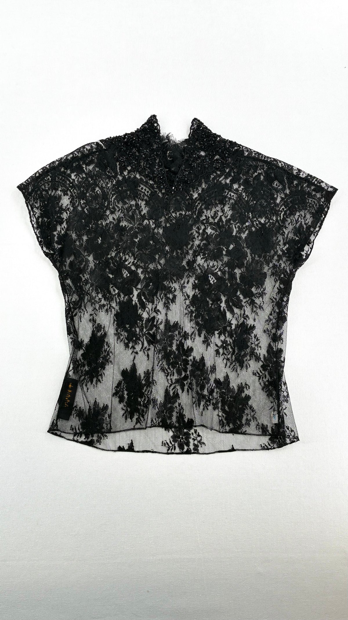 Vintage DONNA KARAN New York Ombré Floral Lace Mock Neck Beaded Blouse (6)