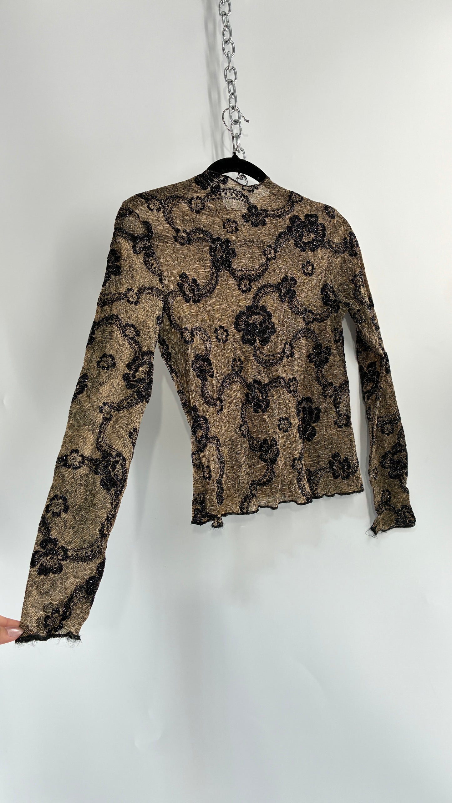 Vintage NEWPORT NEWS Sheer Lace Top with Glitter Floral Design (S/M)
