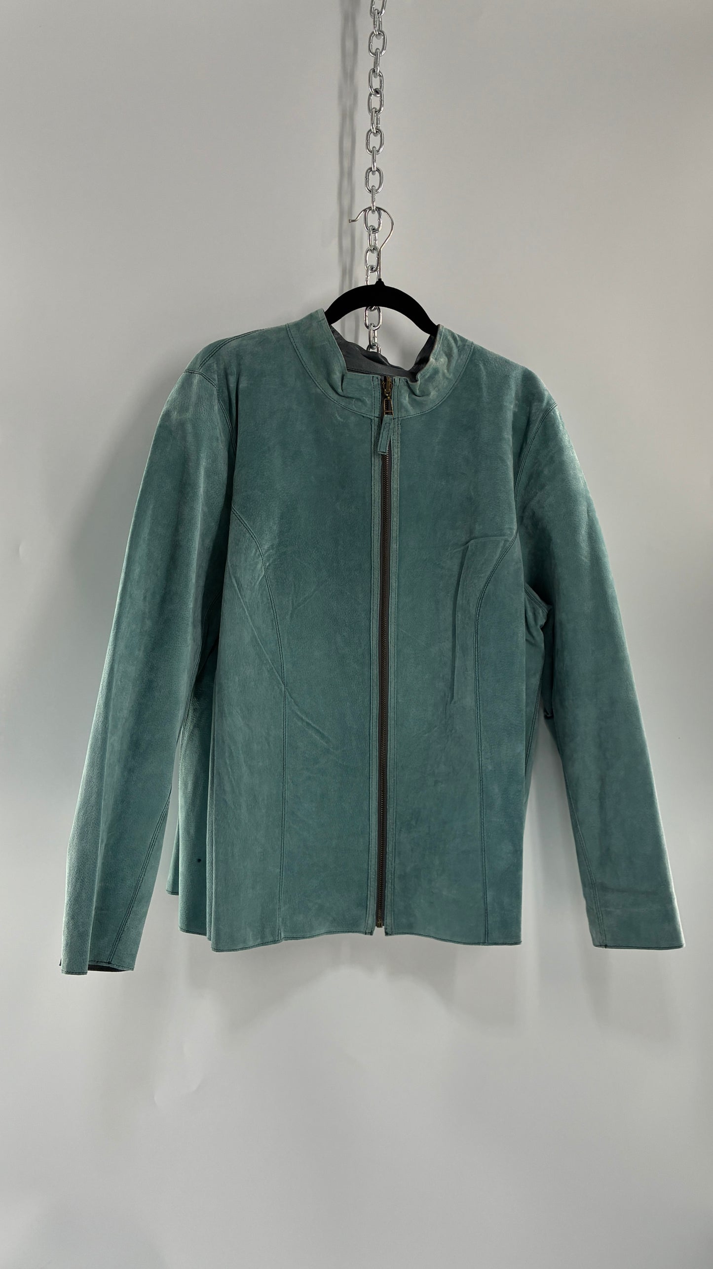 Vintage 1990s Metallic Blue Genuine Leather and Suede Reversible Thin, Zip Up Moto Jacket (XXL)