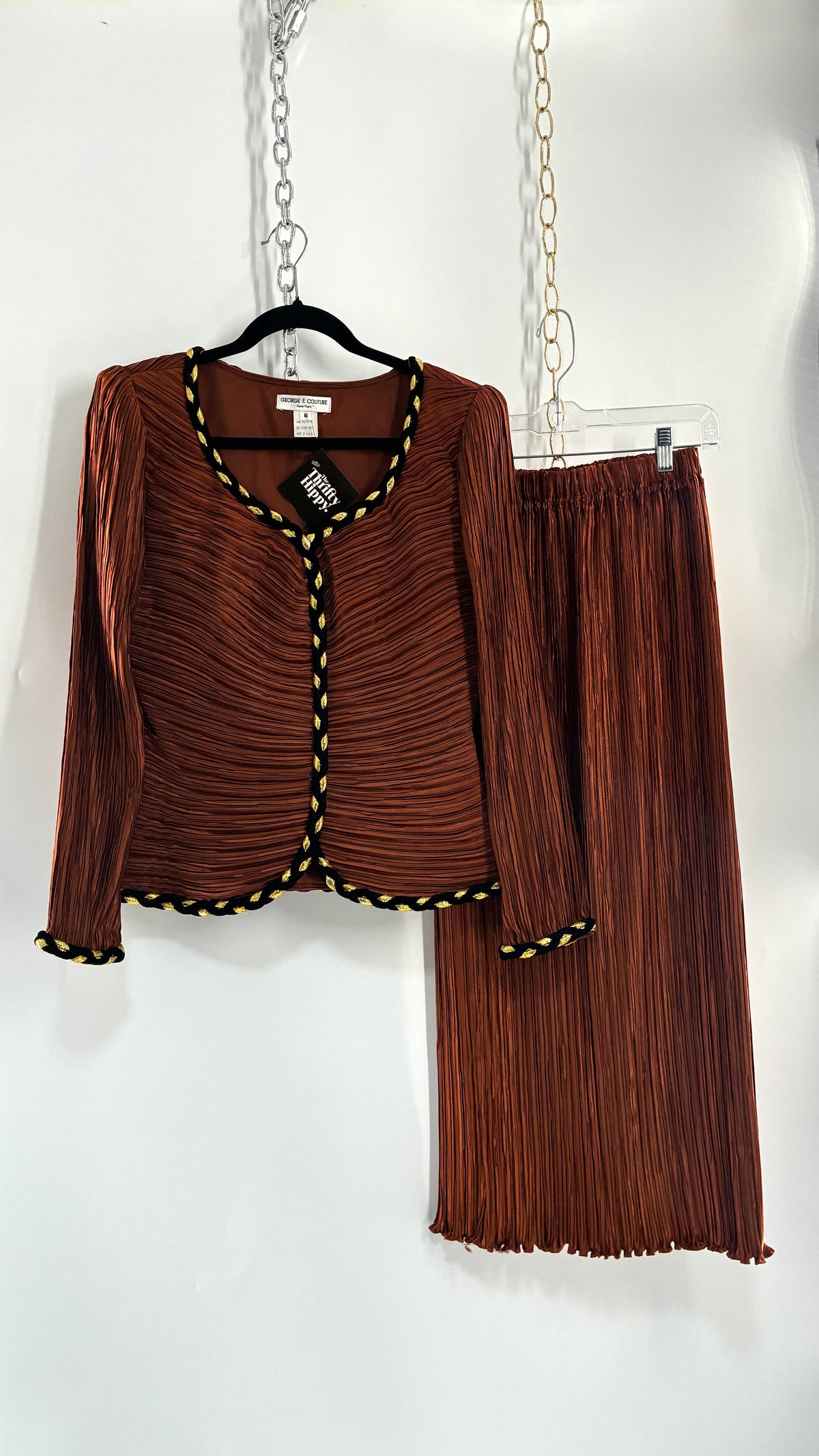 Vintage GEORGE F COUTURE Plissé 2 Piece Burnt Orange Structured Blazer Set with Velour, Gold Rope Detail (6)