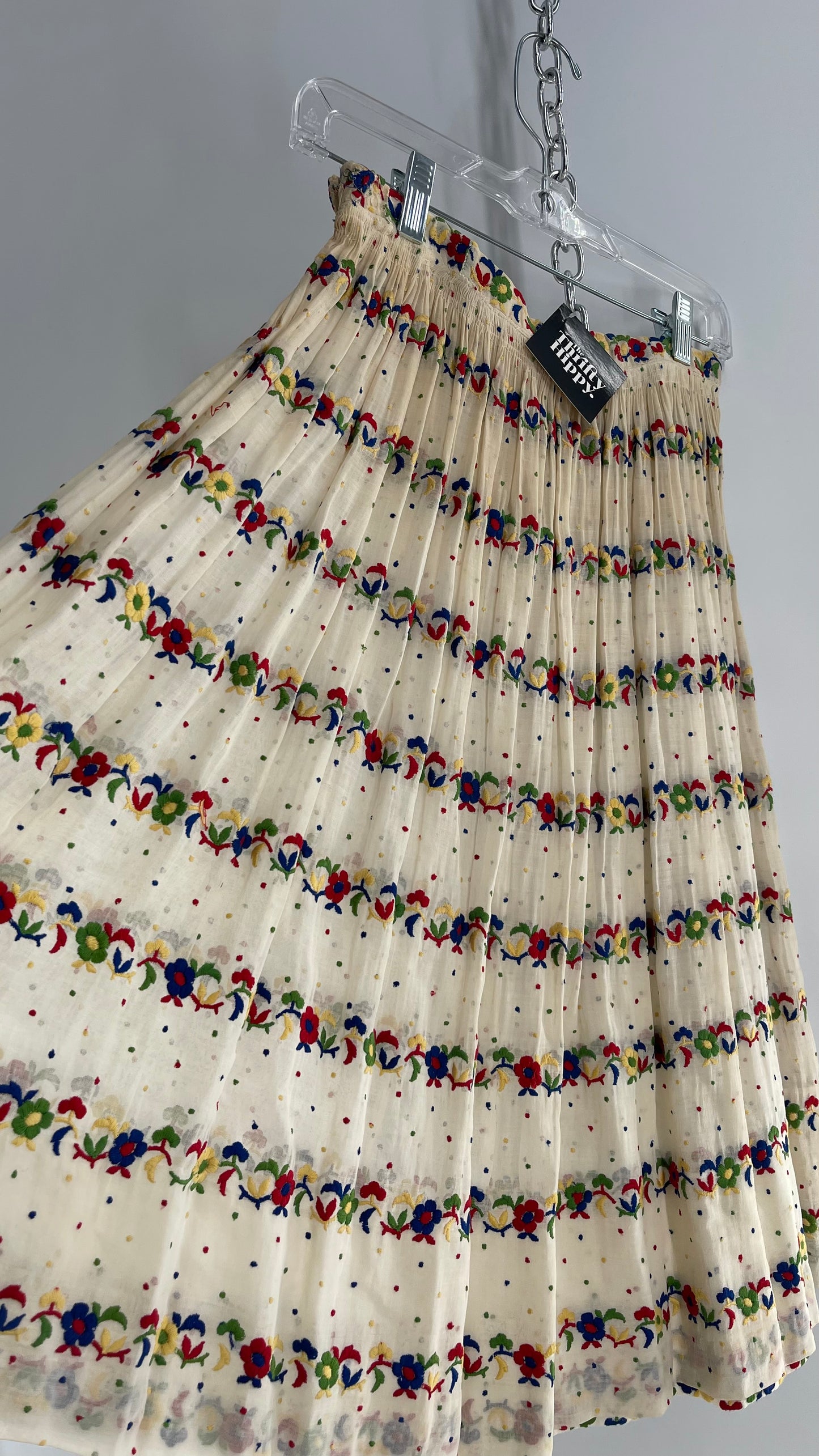 Vintage 1970s Hand Made Off White Cotton Sheer Skirt with Embroidered Flowers in Primary Colors (XS/S)