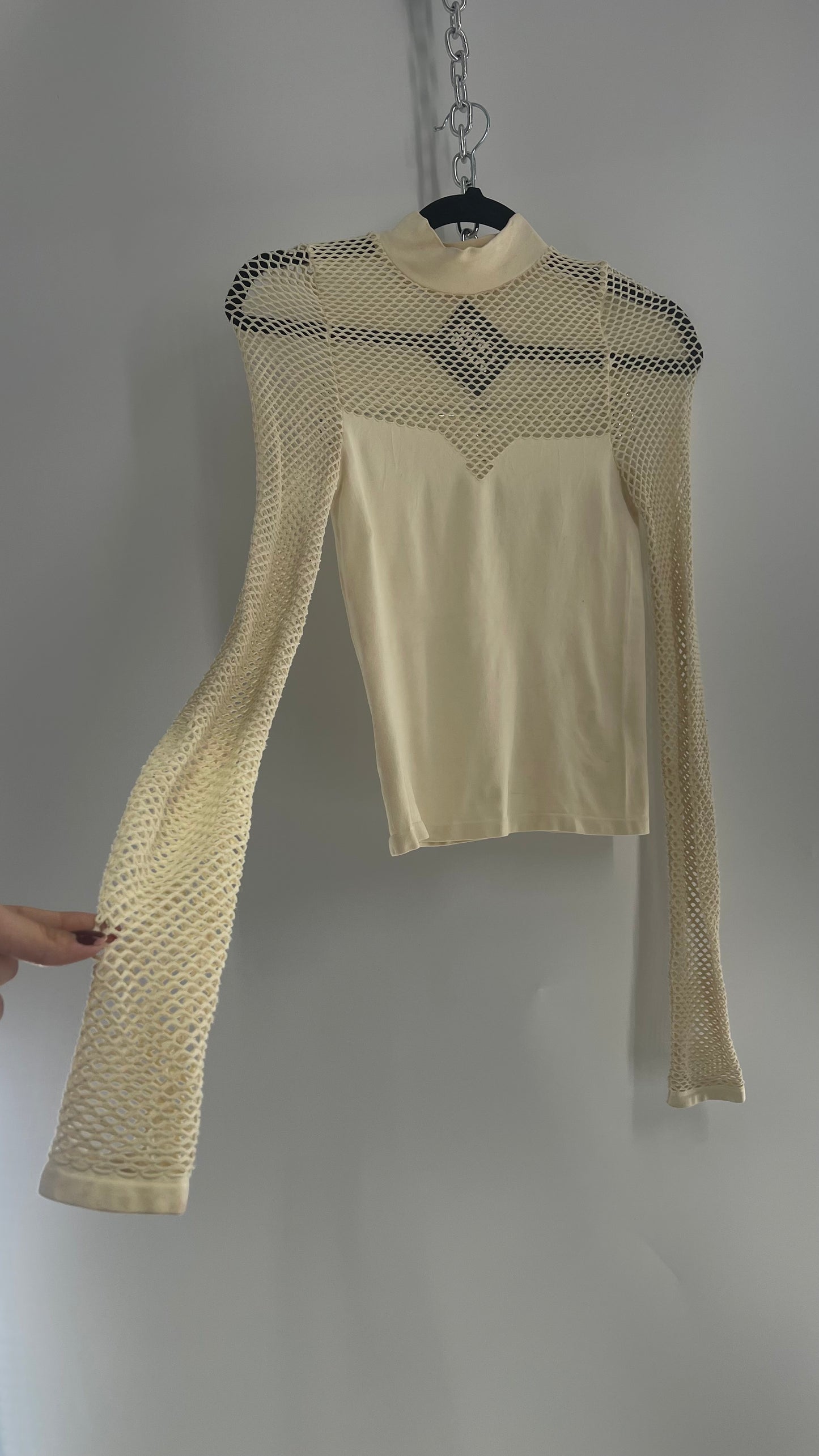 Intimately Free People Worn Off White/Cream Fishnet Sleeve and Bust Stretchy Turtle Neck (XS/S)