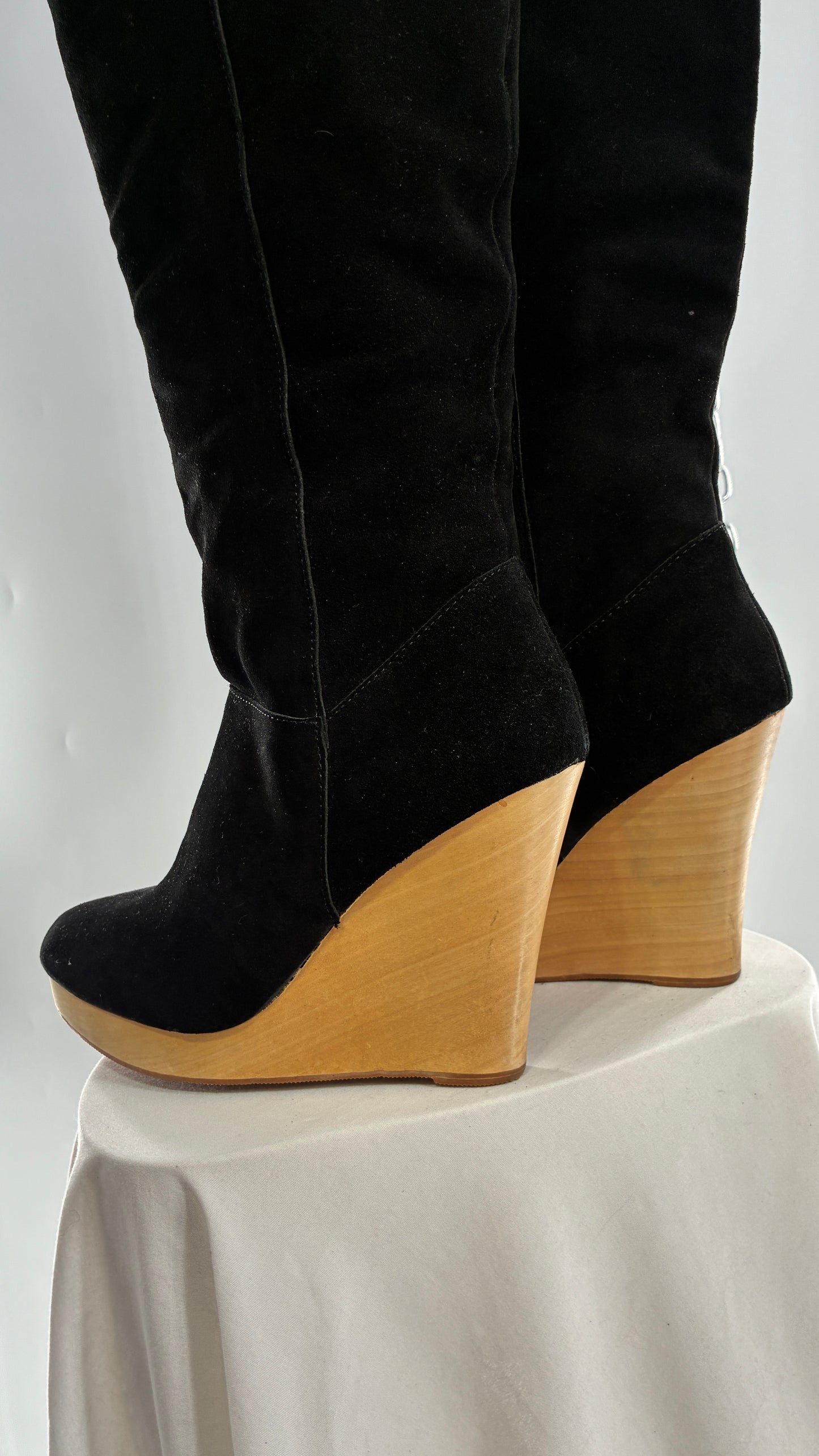 Vintage Black Genuine Suede Leather Knee High Boots with Skinny Wooden Wedge Heel (9)