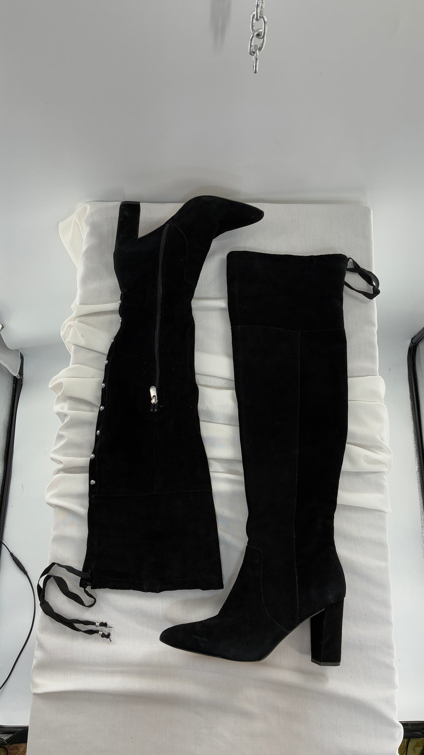 Vintage Black Genuine Suede ADRIENNE VITADINI Thigh High Pointed Toe Boots with Stud Detailing (10)