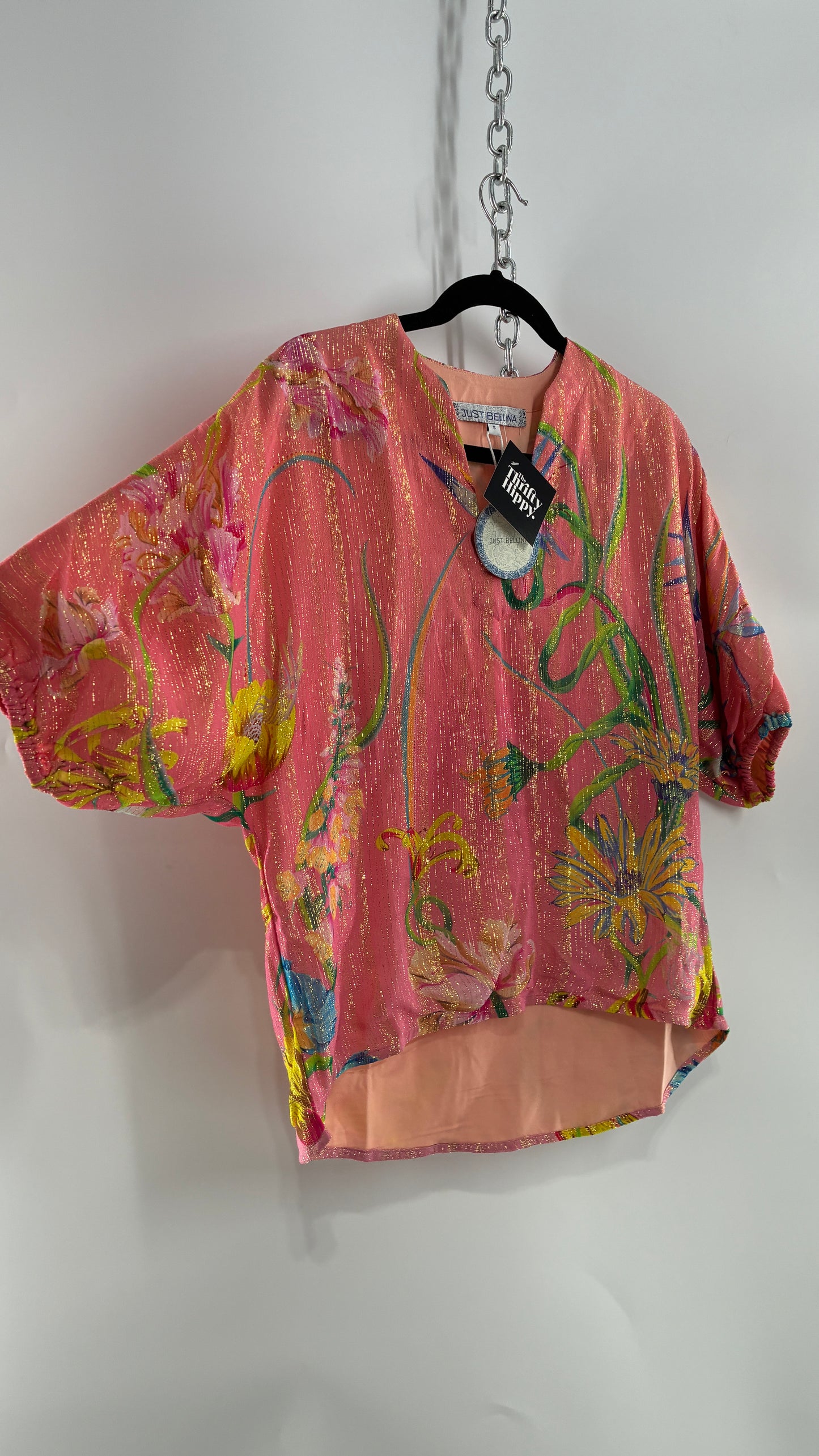 JUST BELLINA Pink Tropical Patterned Puff Sleeve Blouse with Gold Threading and Tags Attached (Small)