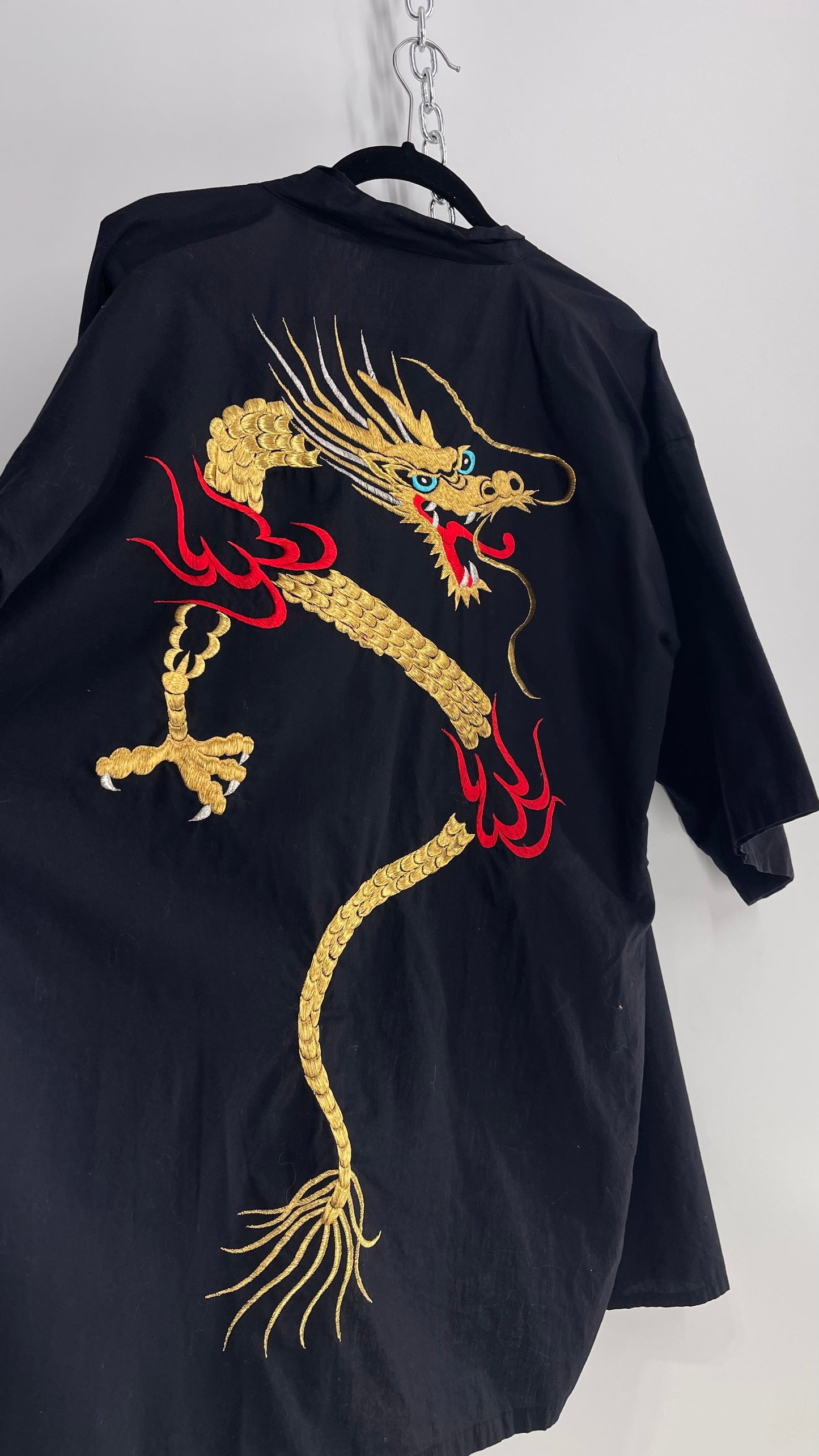 Vintage Japanese Cotton Cape/Kimono/Cardigan Robe with Hand Embroidered Gold Dragon (Small)