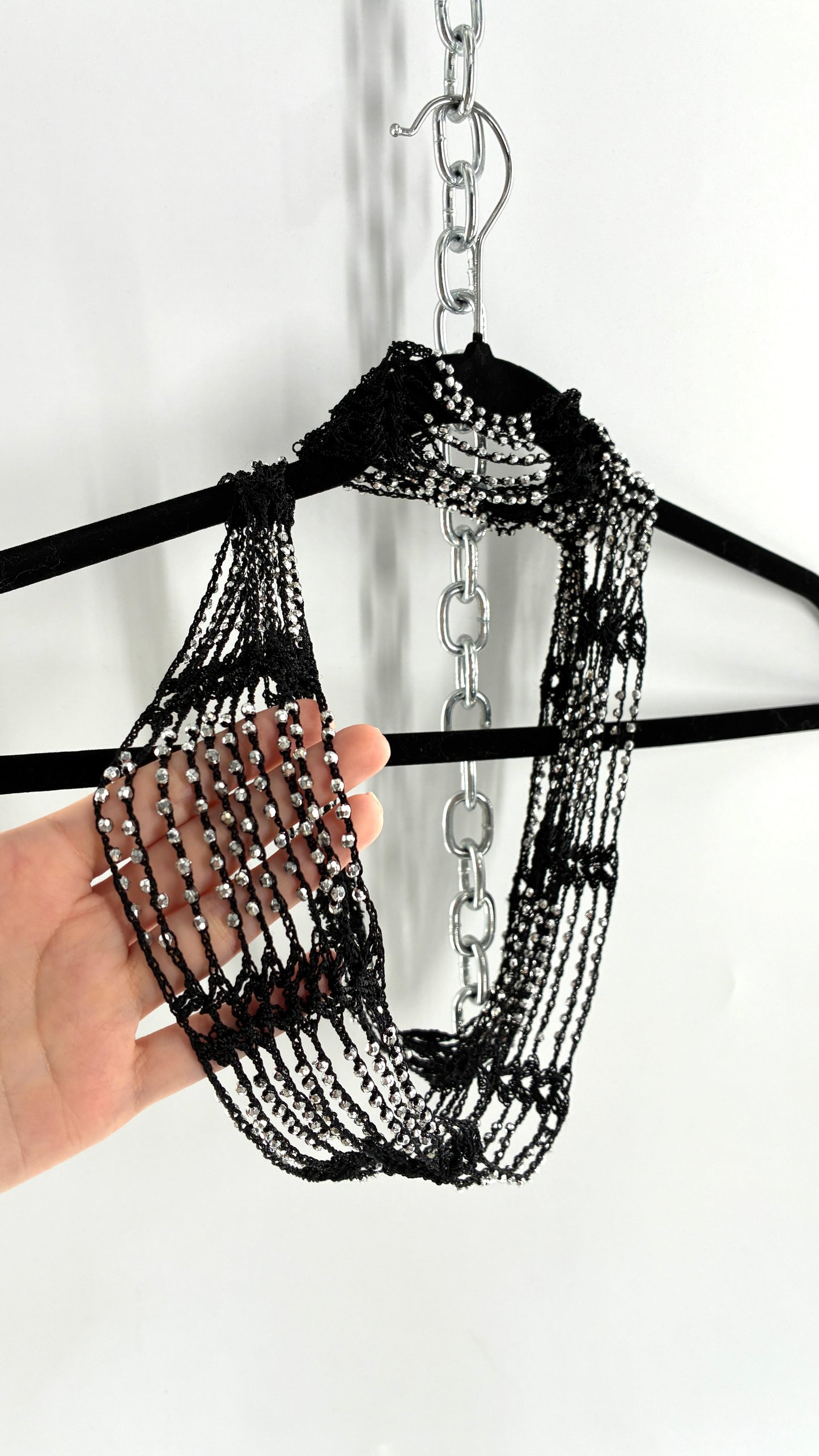 Vintage Black Crochet Infinity Scarf with Silver Pebble Beading