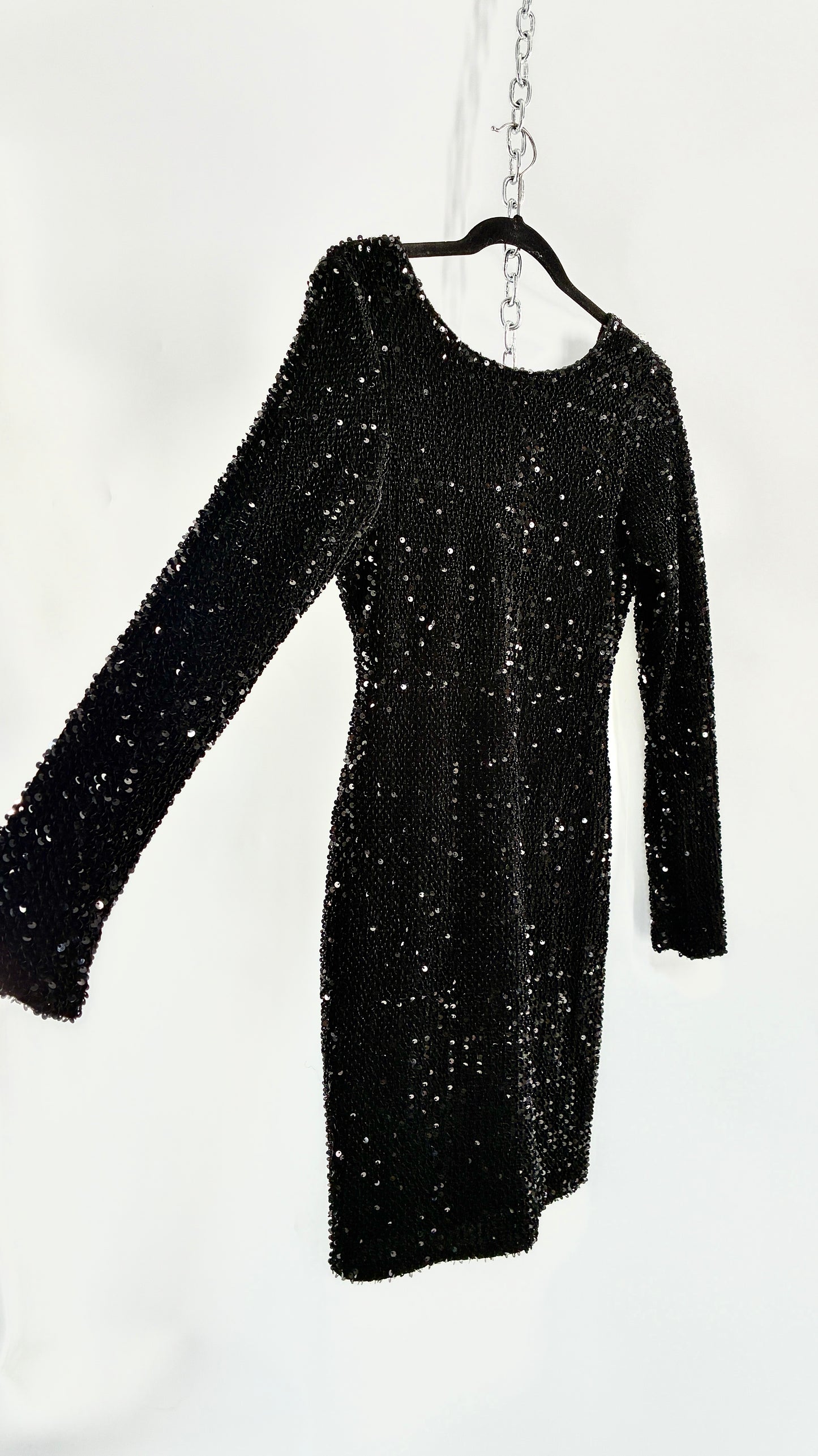MOTEL Black Thick Velour and Sequin Long Sleeve Bodycon Mini Dress (Medium)