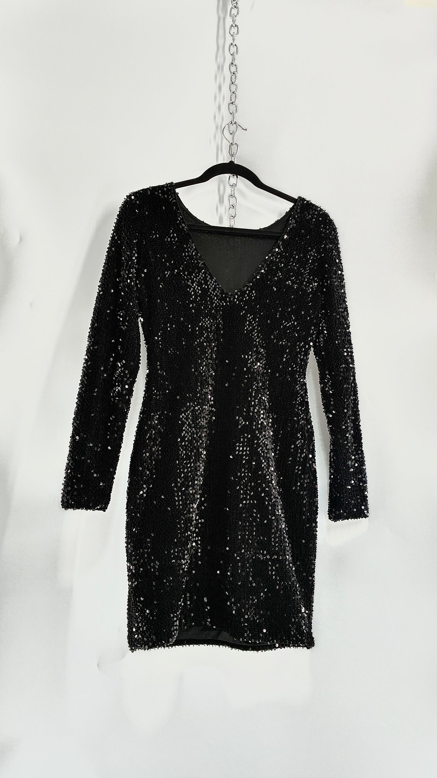 MOTEL Black Thick Velour and Sequin Long Sleeve Bodycon Mini Dress (Medium)