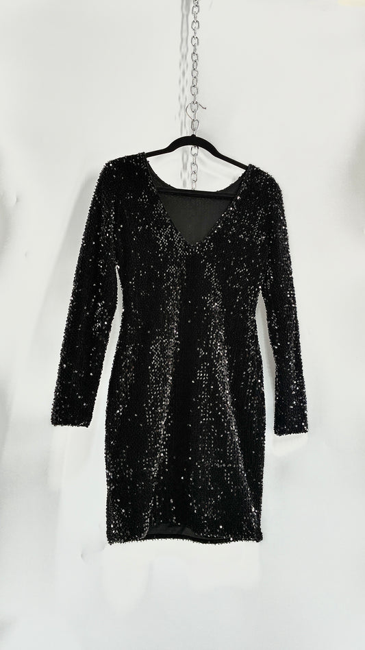 MOTEL Black Thick Velour and Sequin Long Sleeve Bodycon Mini Dress (Medium)