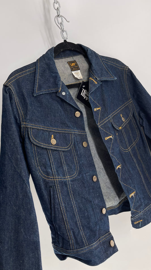 Vintage 1970s LEE Dark Wash PATD 153438 Denim Jacket with Contrast Stitching USA Union Made (38)
