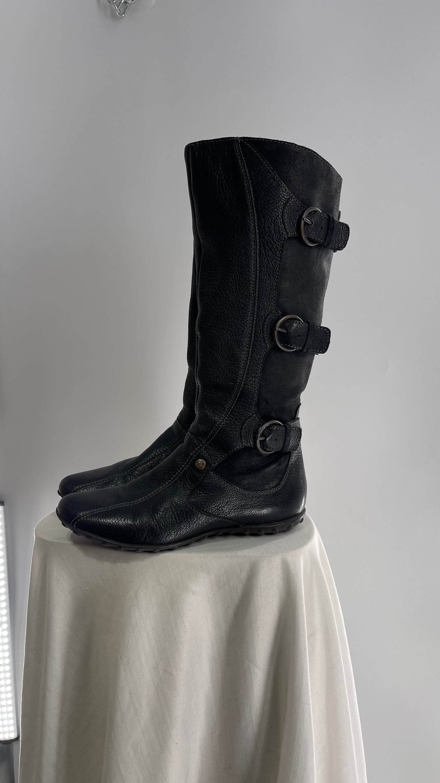 GEOX Black Leather Buckle Knee High Boots