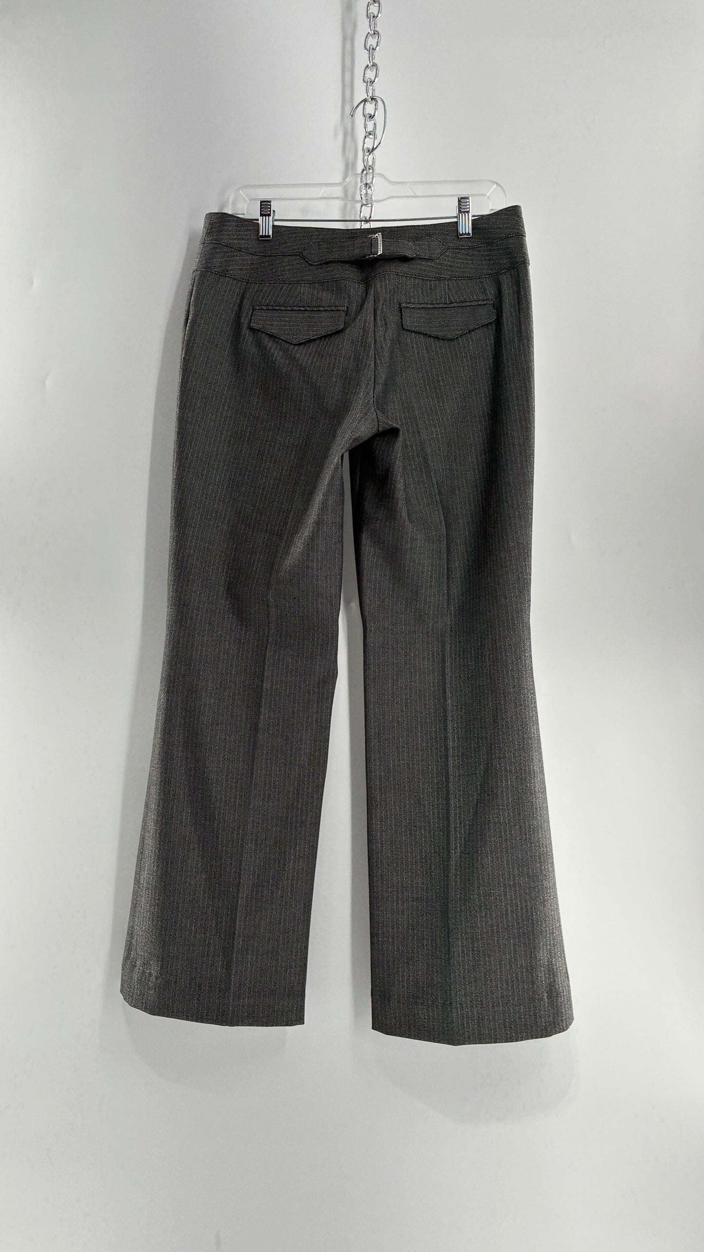 Vintage 1990s EXPRESS Editor Dark Grey Pinstripe  Ultra Low Rise Thick Hip Band Kick Flares (6R)