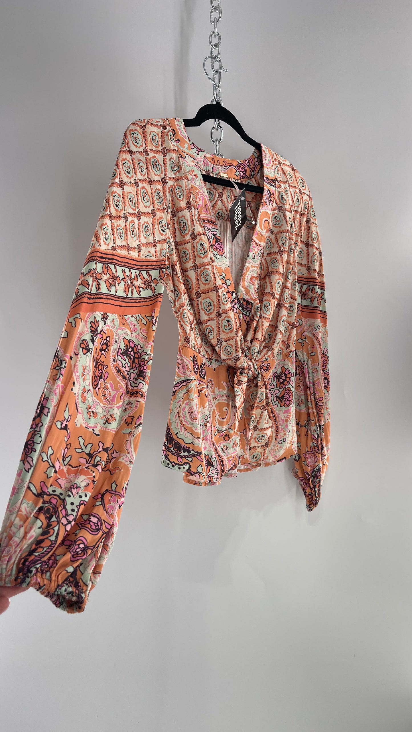 Free People Orange Pastels Paisley Blouse with Bust Tie and Balloon Sleeves (XS)