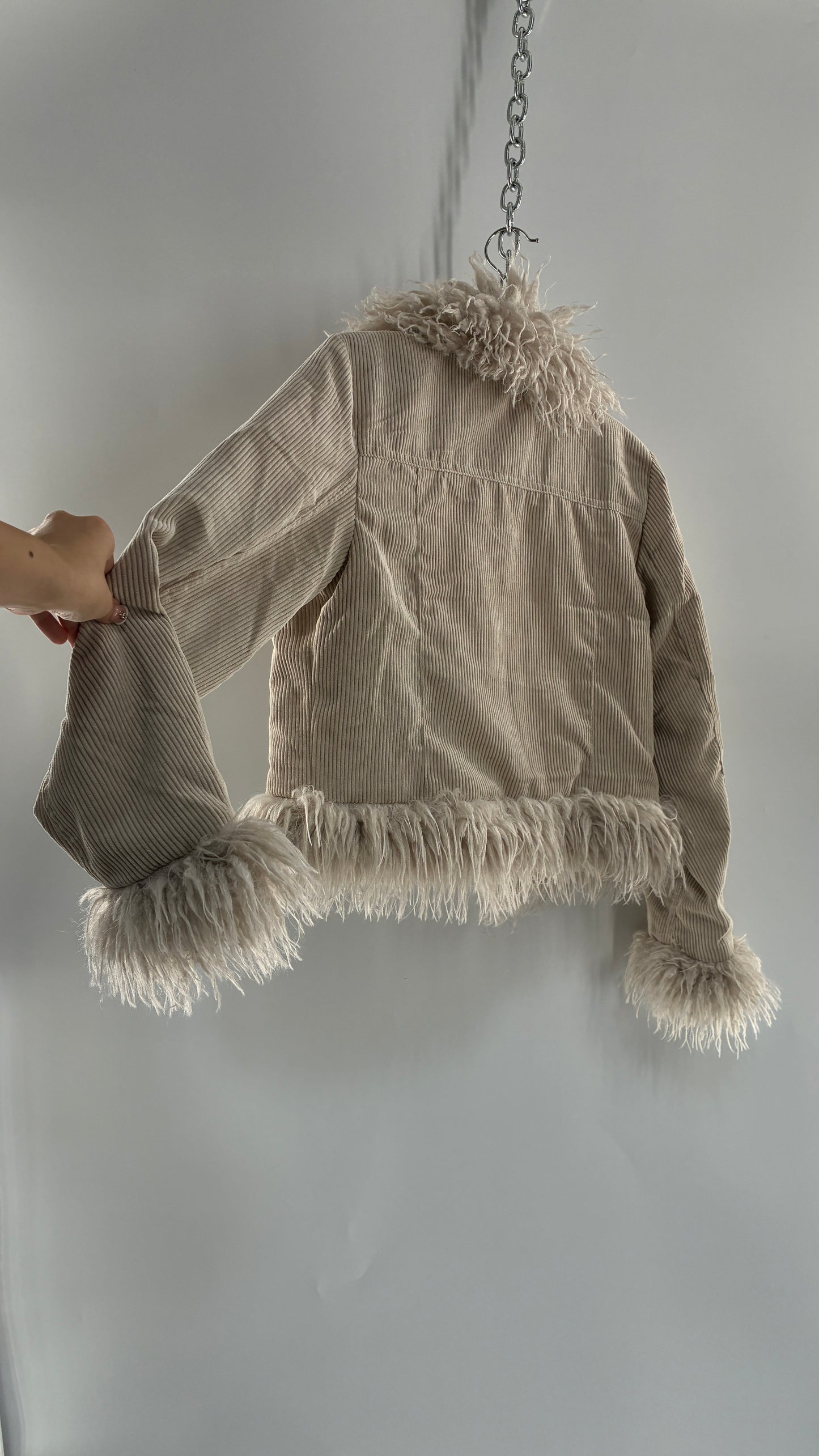 Love Tree Off White Corduroy Jacket with Faux Mongolian Trim Collar and Cuffs Tags Attached (Small)