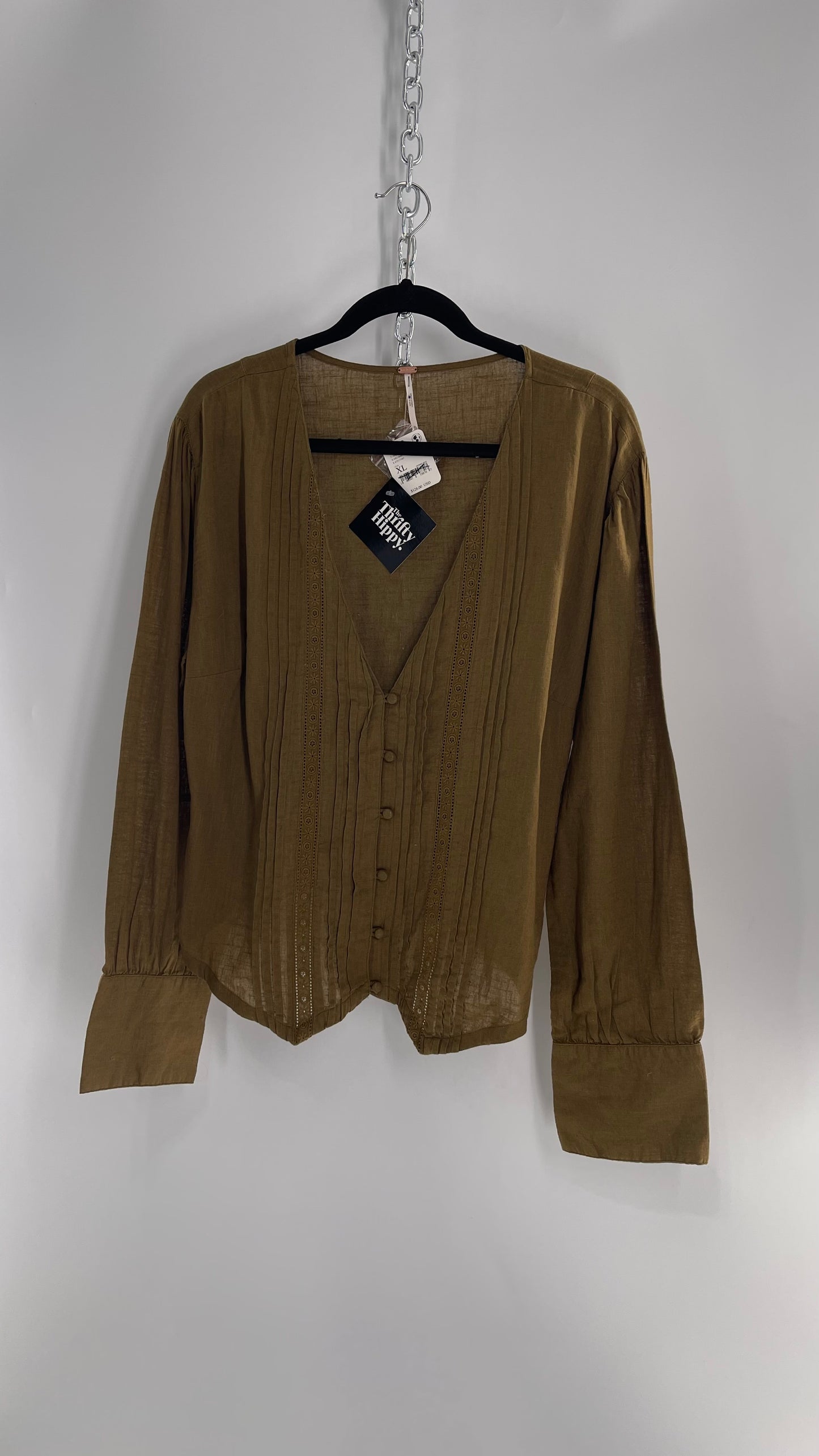 Free People Army Green Olive 100% Cotton Blouse with Pleats, Tie Back, Eyelet Lace Details, and Tags Attached (XL)