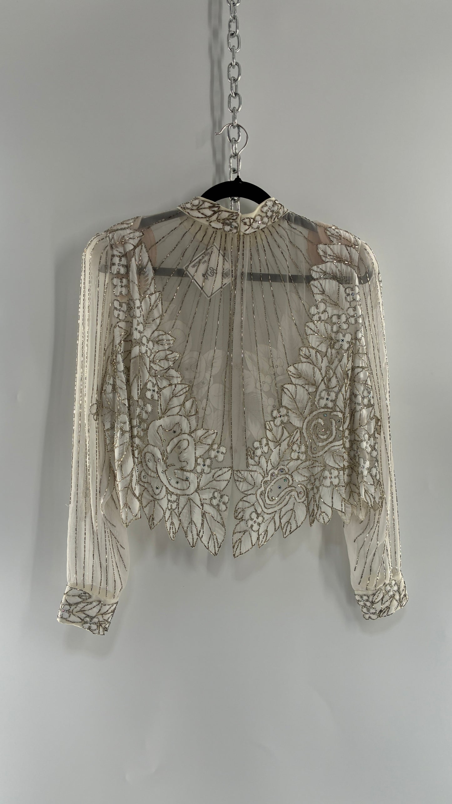 Vintage Sheer White Bridal Beaded Open Back Floral Blouse with High Neck (Medium)